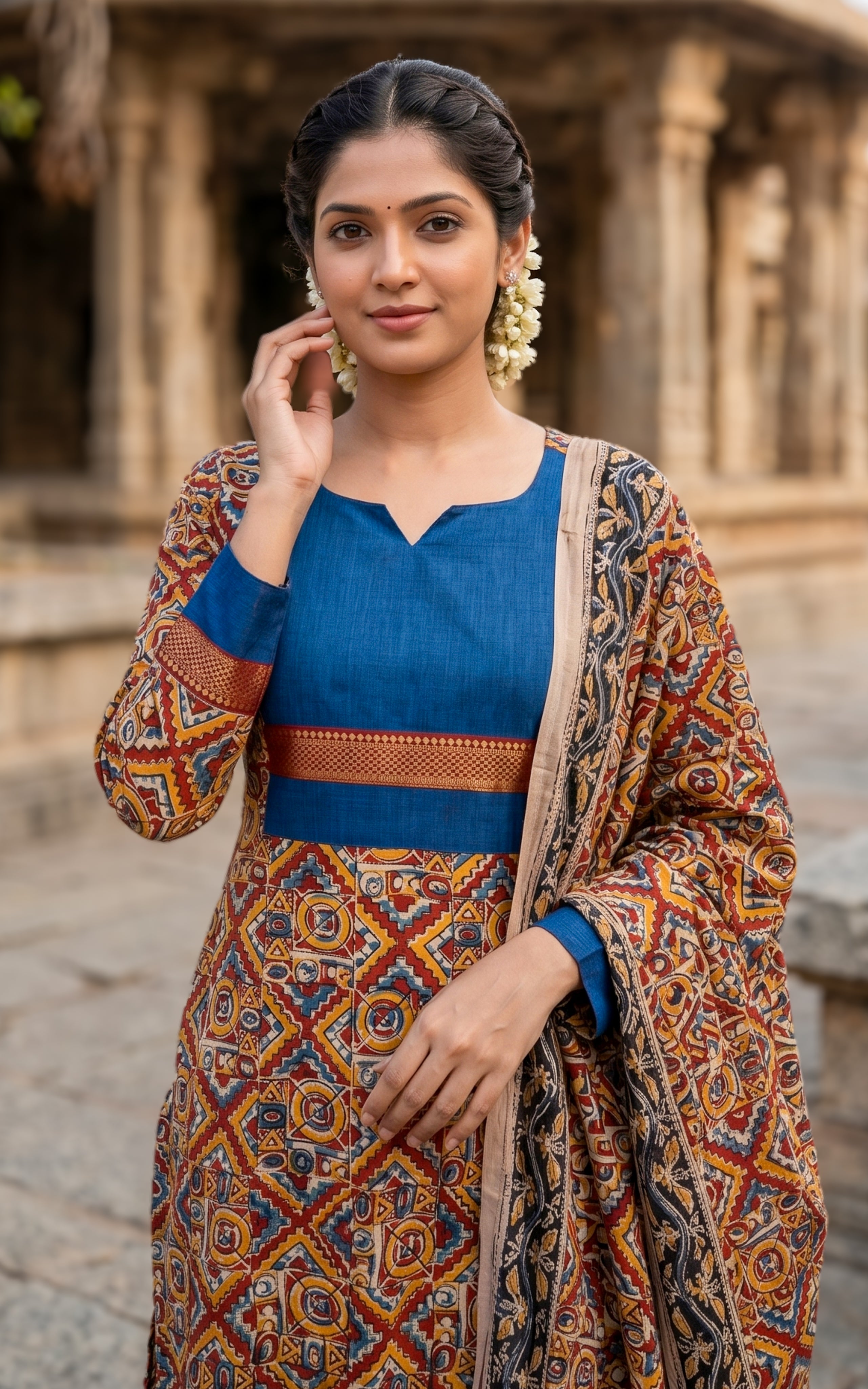Multicolor Kalamkari cotton kurti set for women