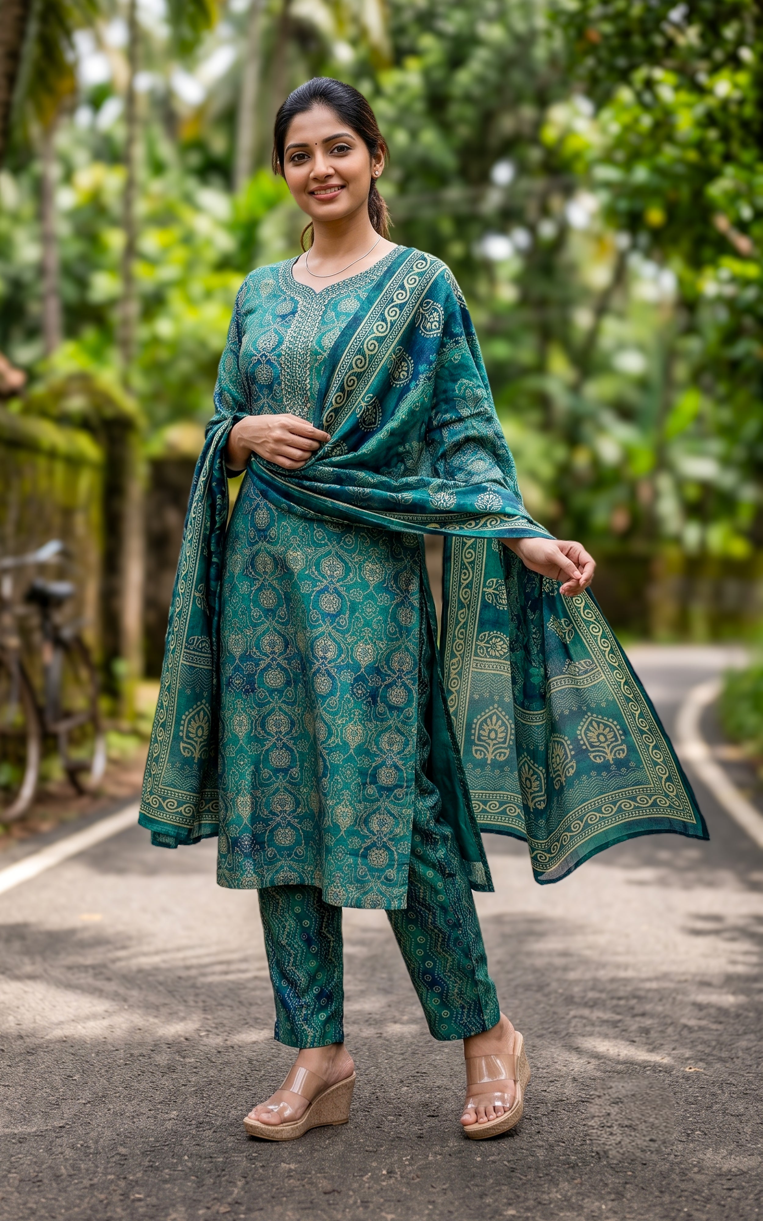 Dark Turquoise Art Silk Casual Wear Kurti Set with Dupatta for Women