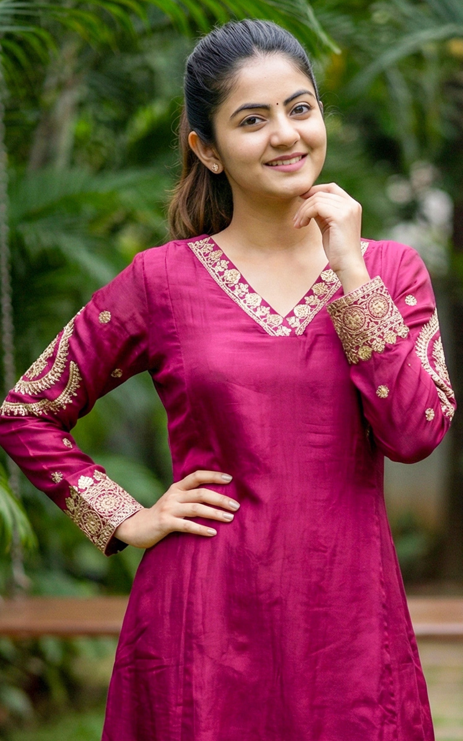 Instore - Wine Art Silk V Neck Sequence Embroidery Aline Kurti with Side Slit & One Side Pocket with Art Silk Dupatta