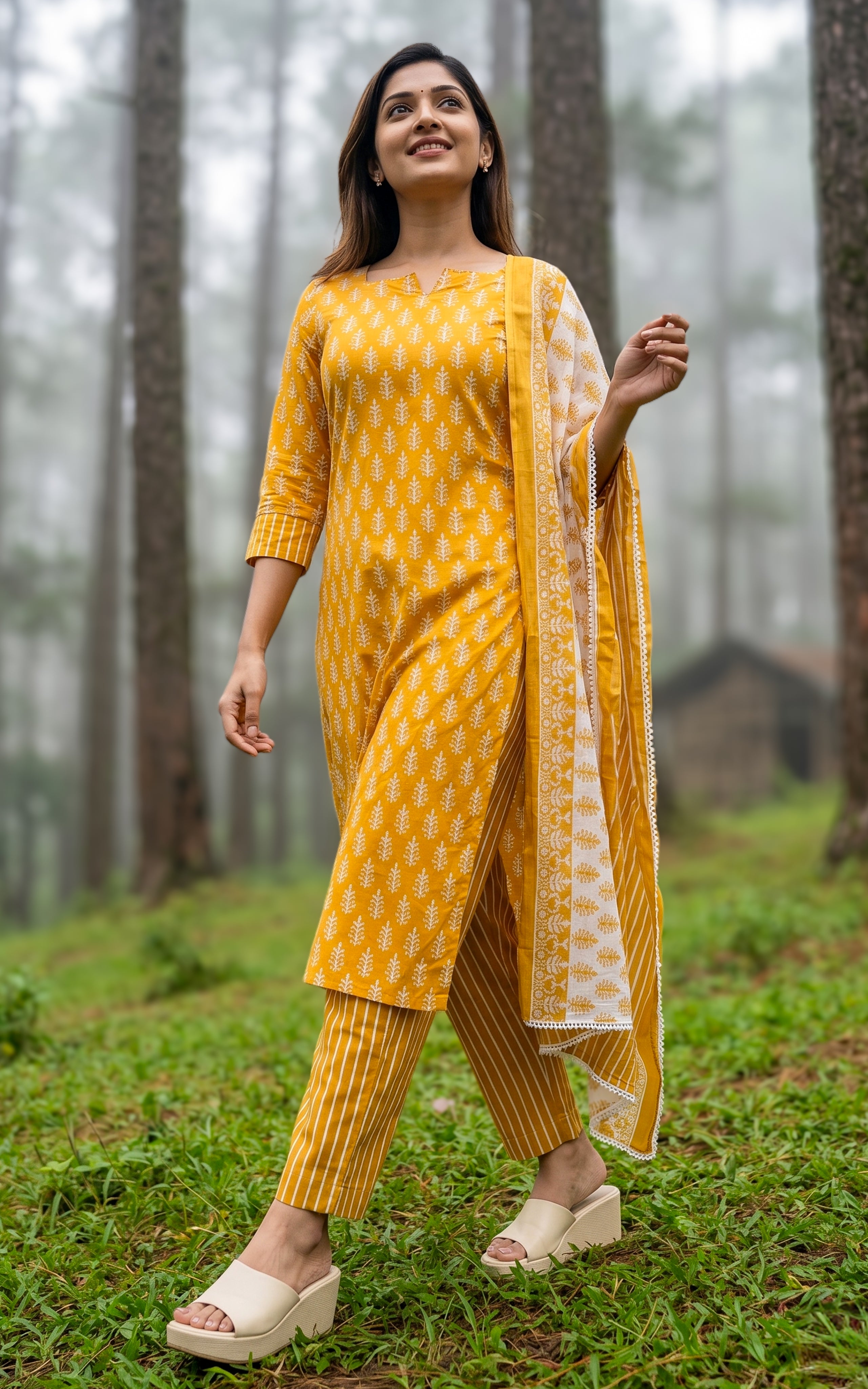 Mustard handscreen printed cotton kurti set for women