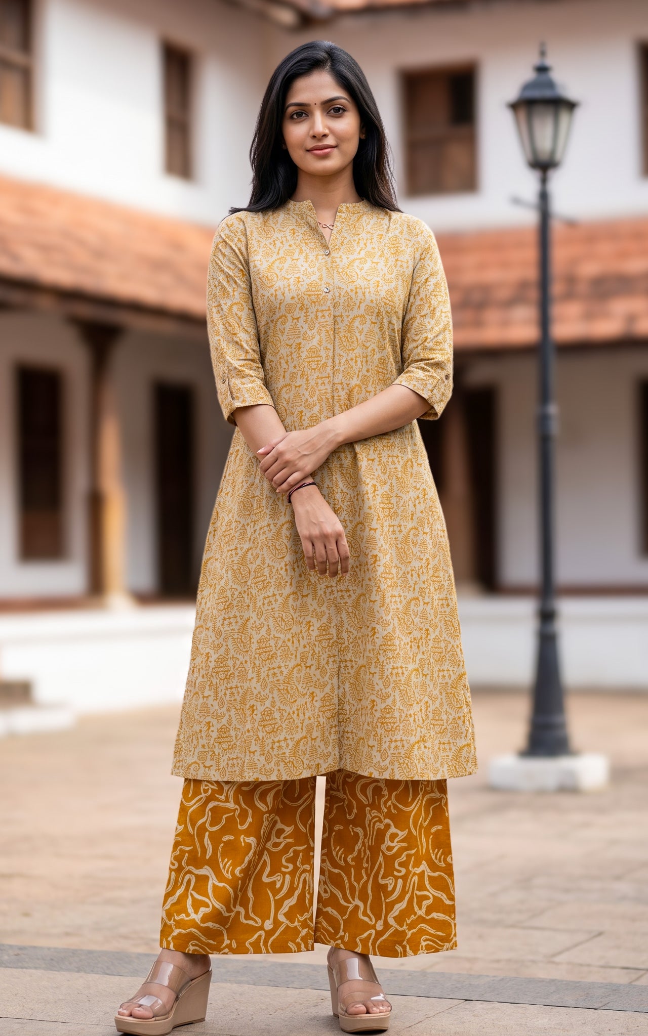 Mustard and Beige Cotton Flex Kurti Set for Women