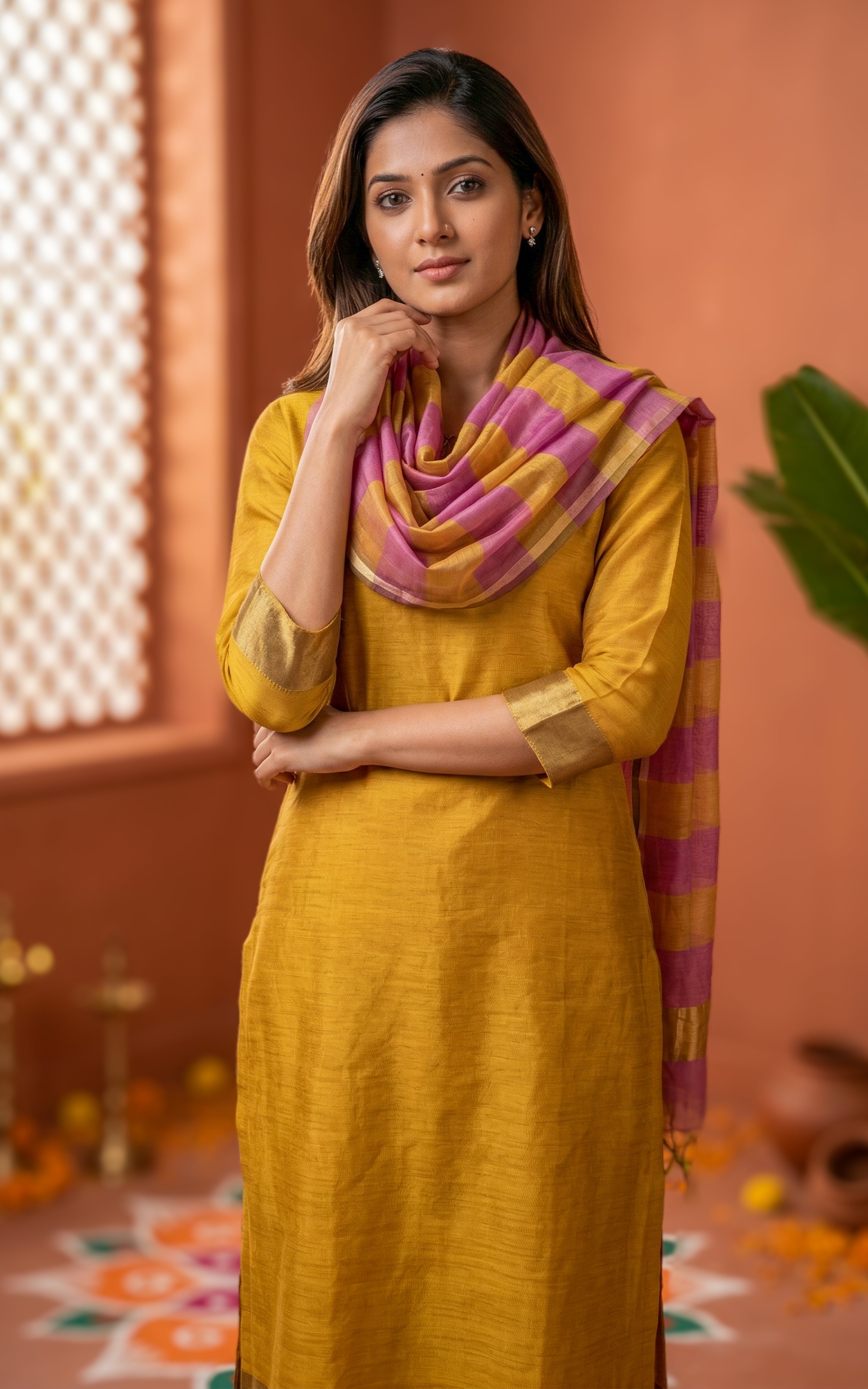 Instore – Mustard Nilavazhagi Straight Cut Kurti with Dupatta for Women – Silk Cotton – Keyhole Neck – Festive Ethnic Wear