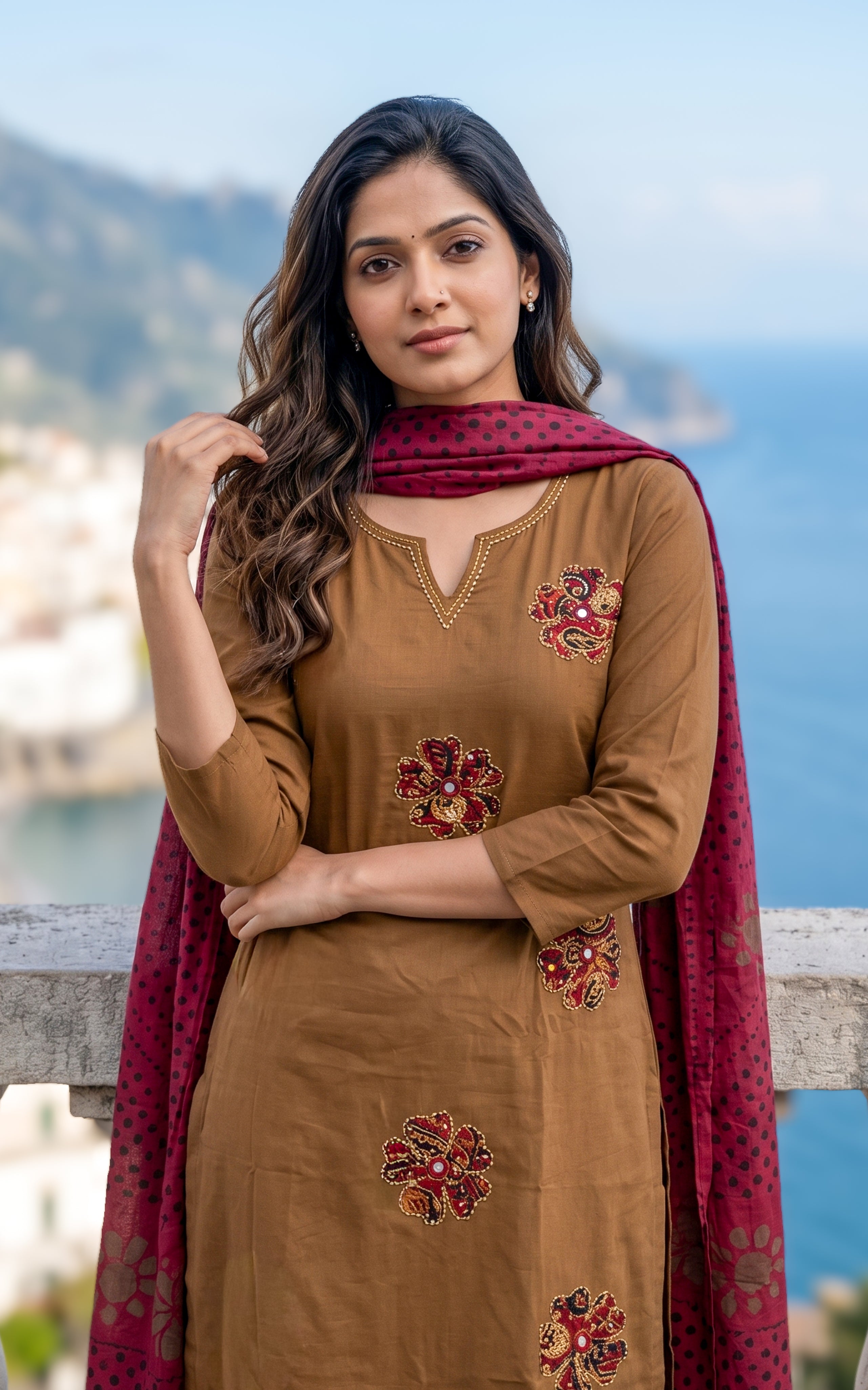 Brown straight cut cotton kurti for women