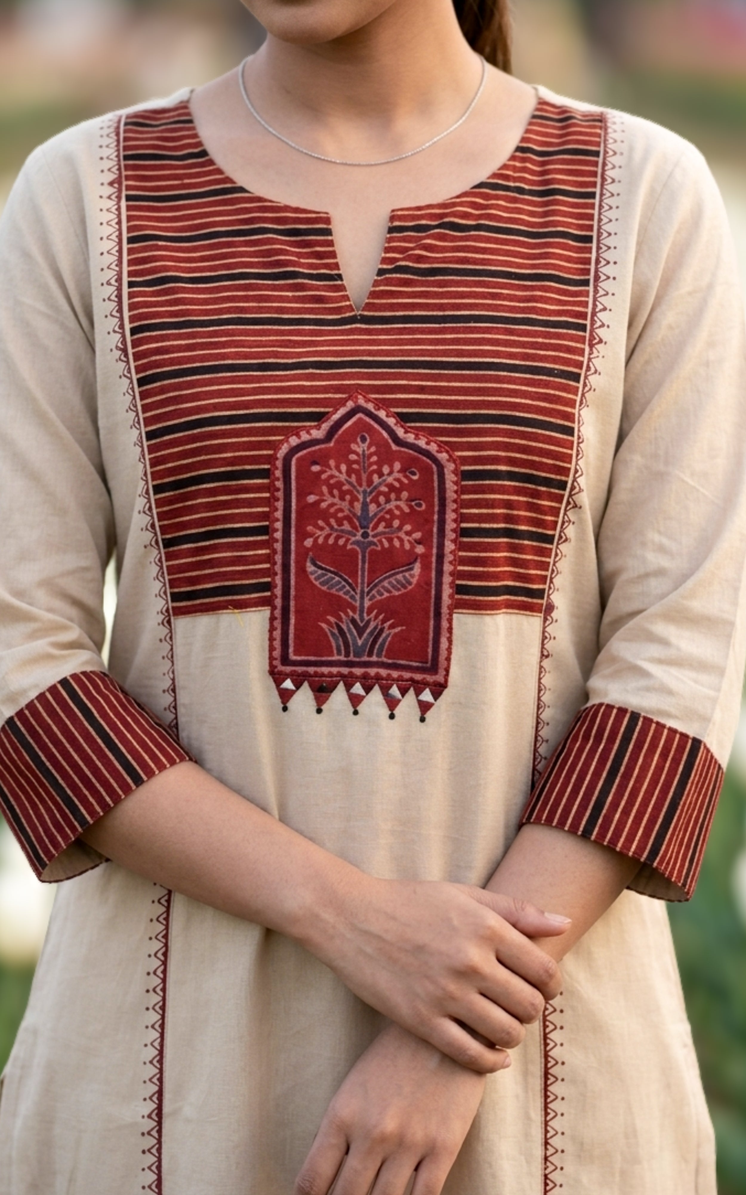 Beige Cotton Handblock Aline Kurti Set Featuring Mirror Embroidery for Women
