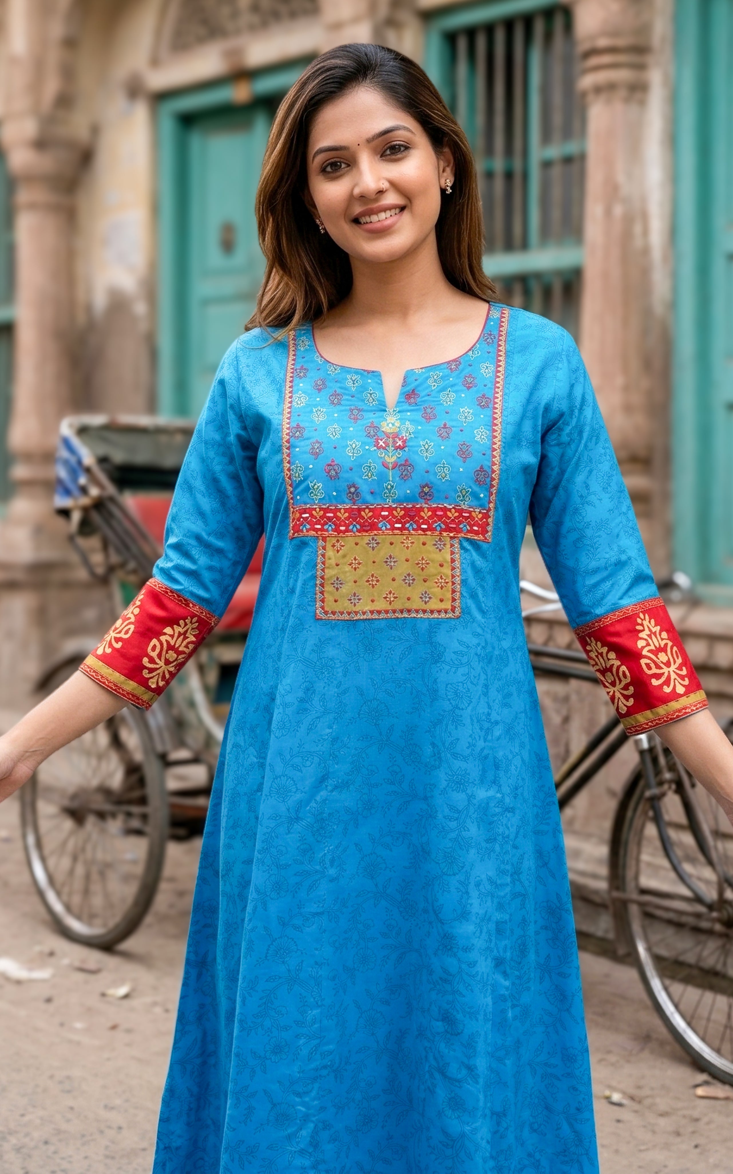 Instore - Blue Color Cotton Handblock Aline Kurti Featuring Contrast Yoke Panel