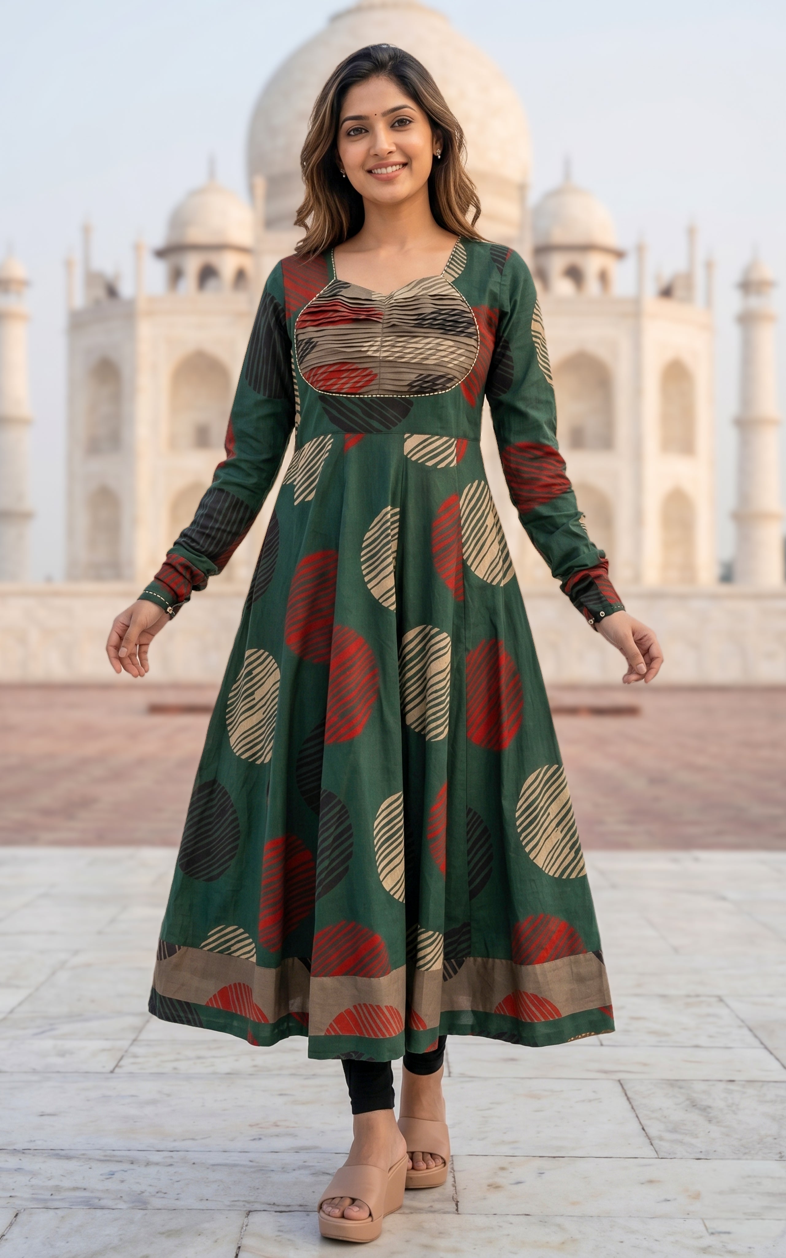 Instore - Green Color Printed Cotton Flared Anarkali Kurti with Line Embroidery & Sweetheart Neck with Gathered Sleeve