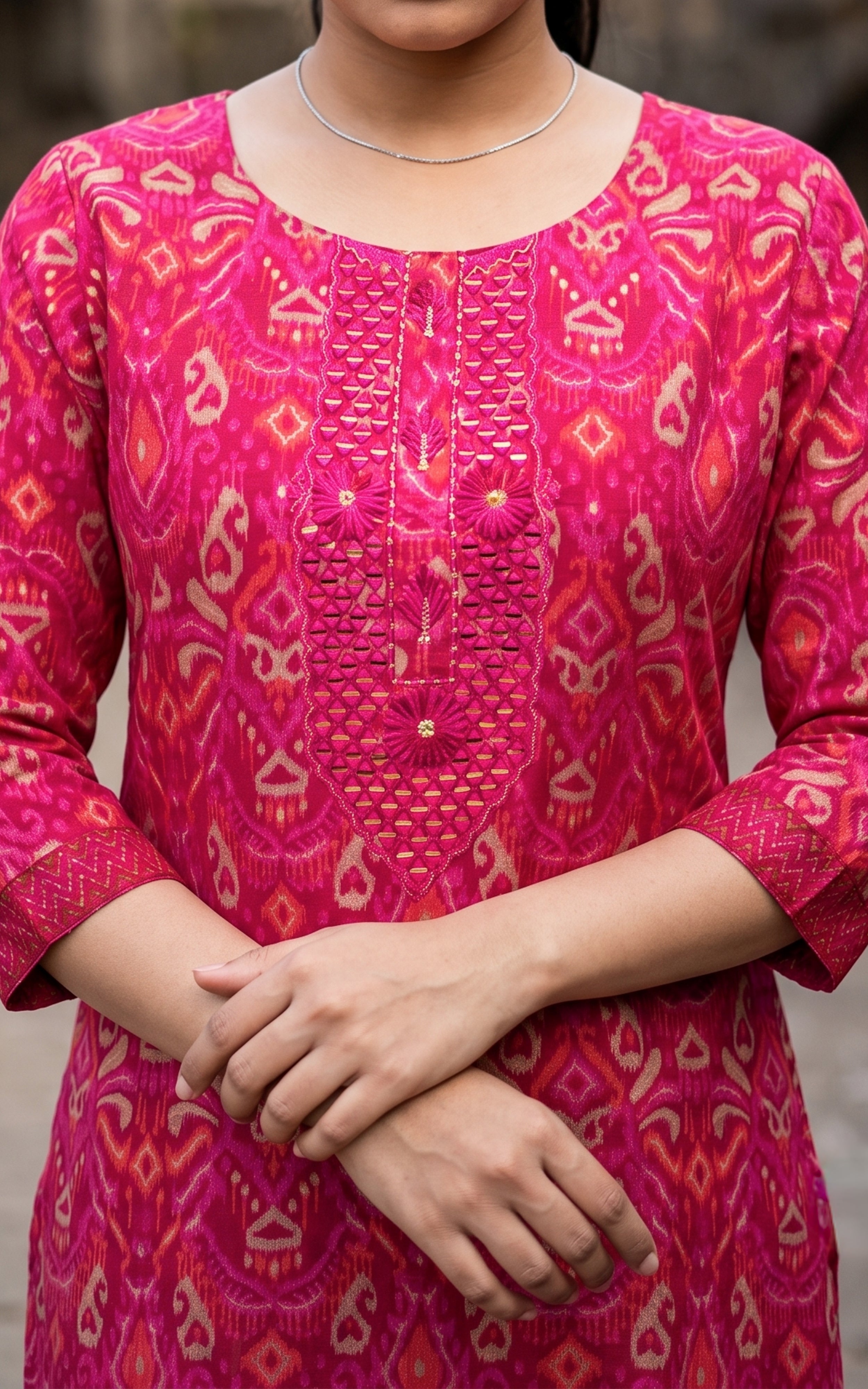 Reddish Pink Art Silk Ethnic Wear Kurti Set with Dupatta for Women