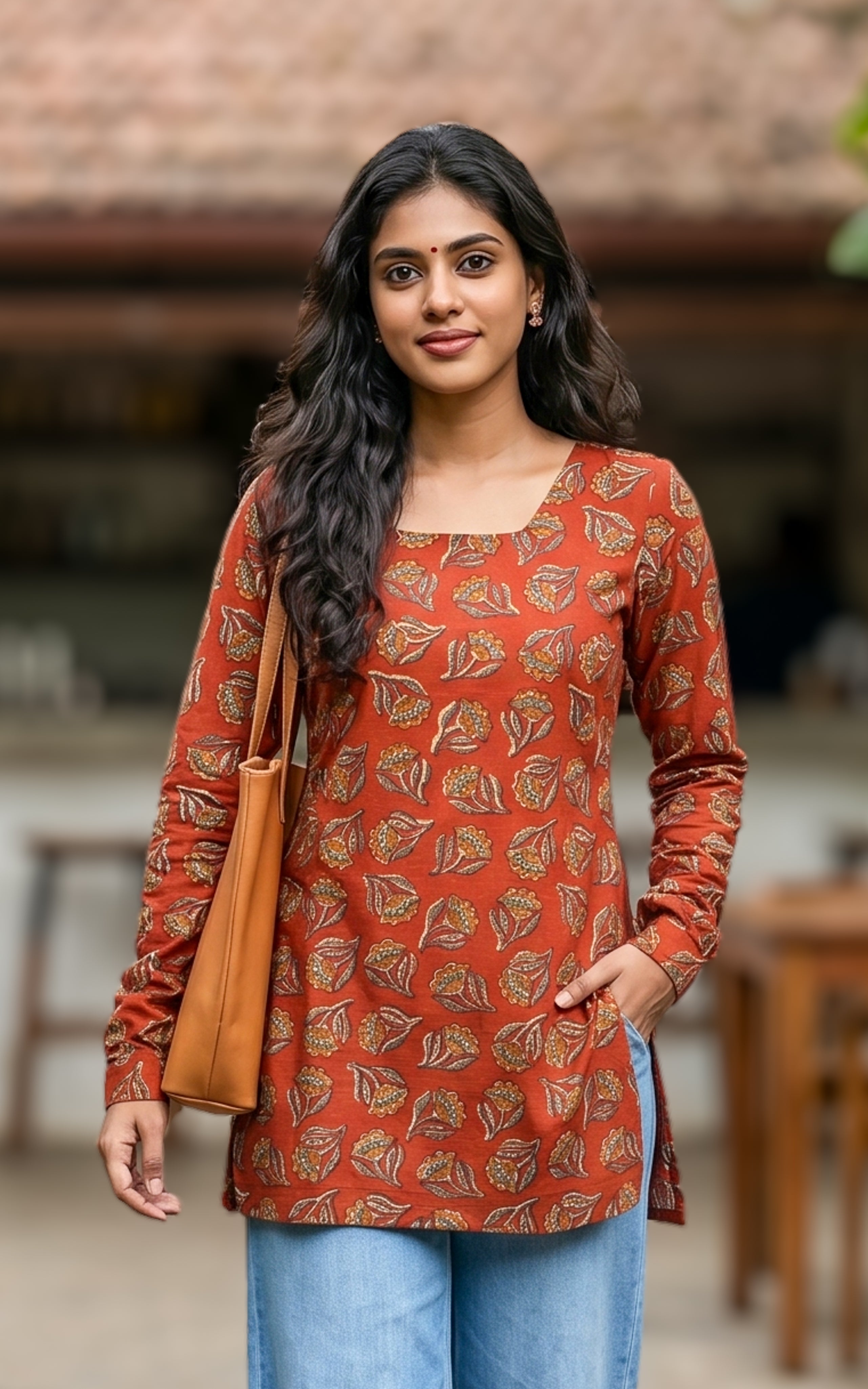 Handblock printed cotton short straight cut kurti for women
Short kurti with gathered sleeves
Cotton kurti with criss cross back design
