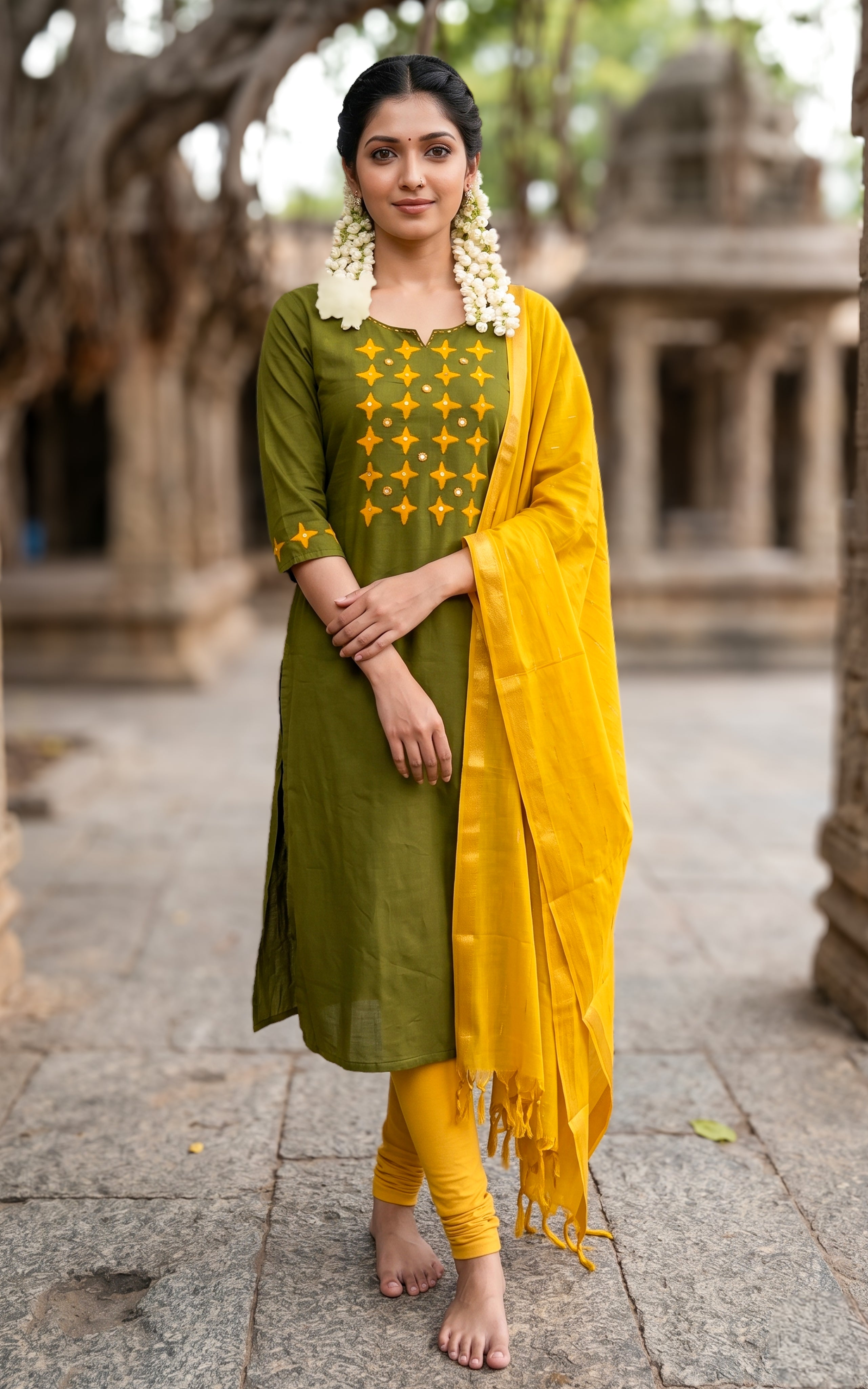 Mehandi green kurti with cotton dupatta for women