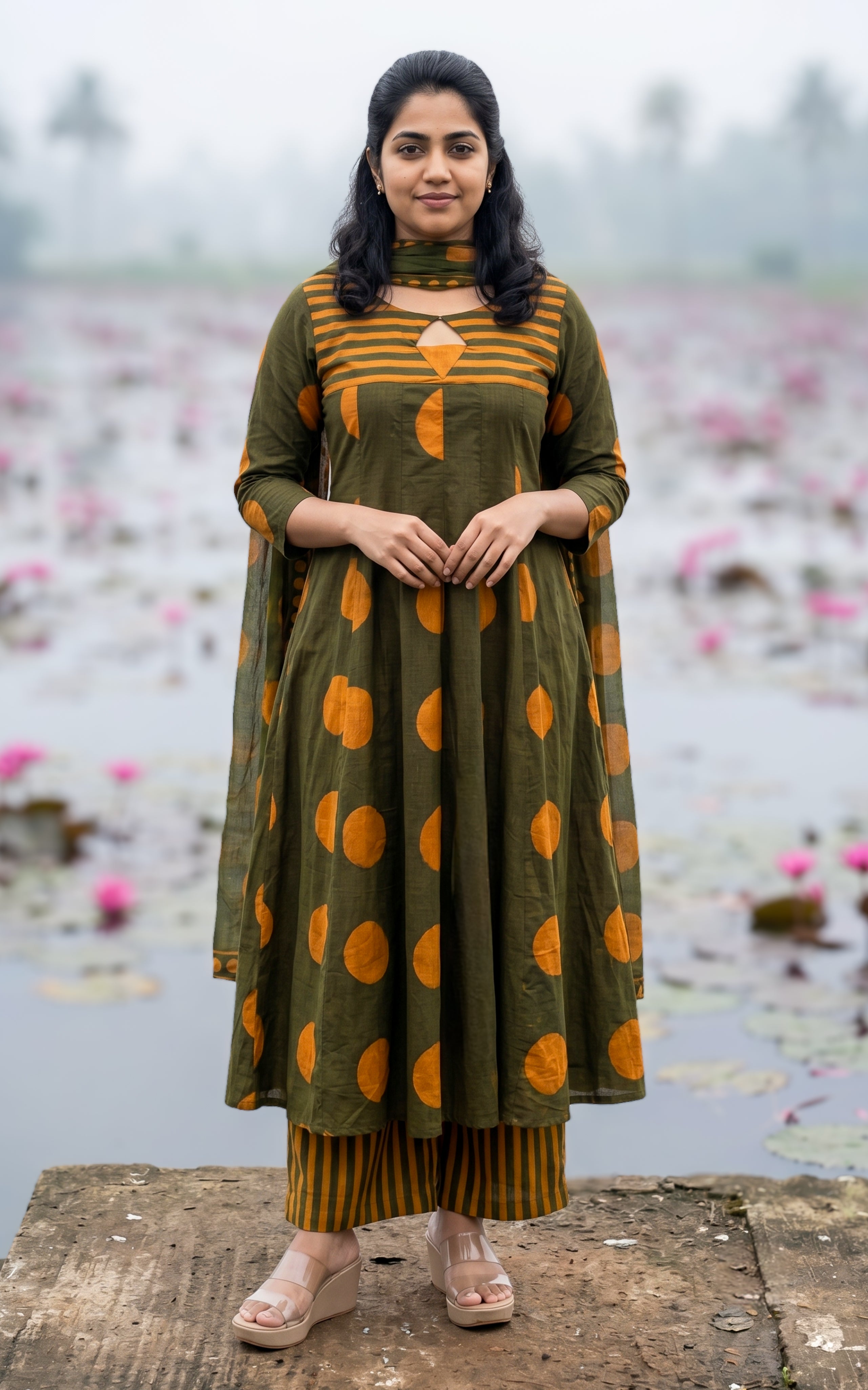 Instore-Poonguzhali E (Kurti+Pant+Dupatta)-Cotton-Anarkali -with One Side Pocket -Palazzo Pant -Dupatta -Mehandi Green -Summer collection-Daily wear-office wear-college wear-ethnic wear