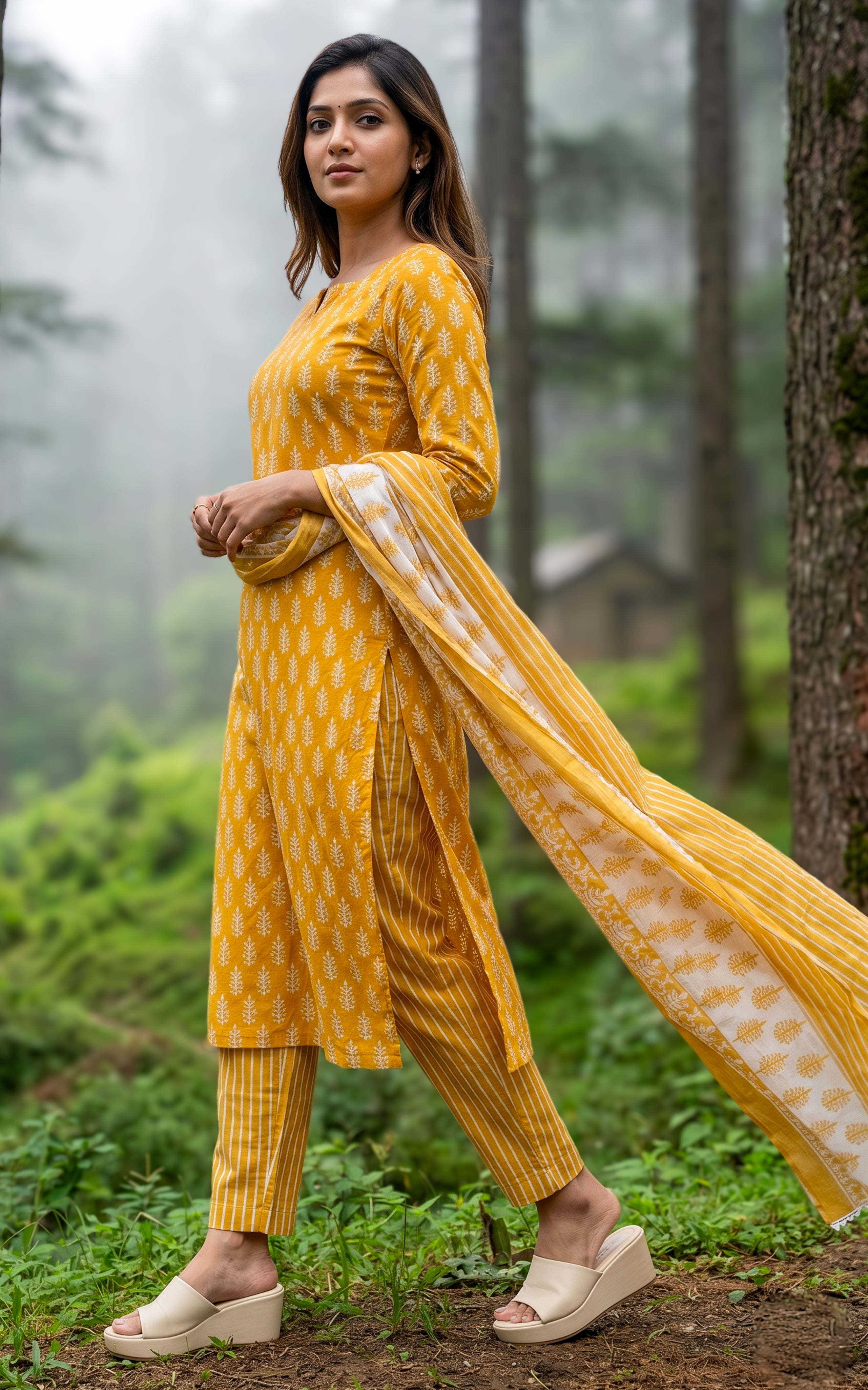 Mustard daily wear cotton kurti set for women