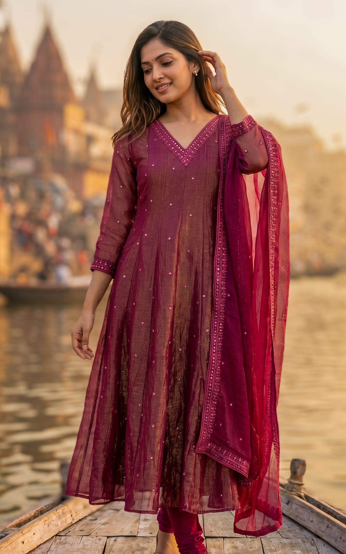 Instore – Burgundy Mellinam Anarkali Kurti with Dupatta for Women – Crushed Tissue Silk – Sequin Embroidery – Festive Ethnic Wear
