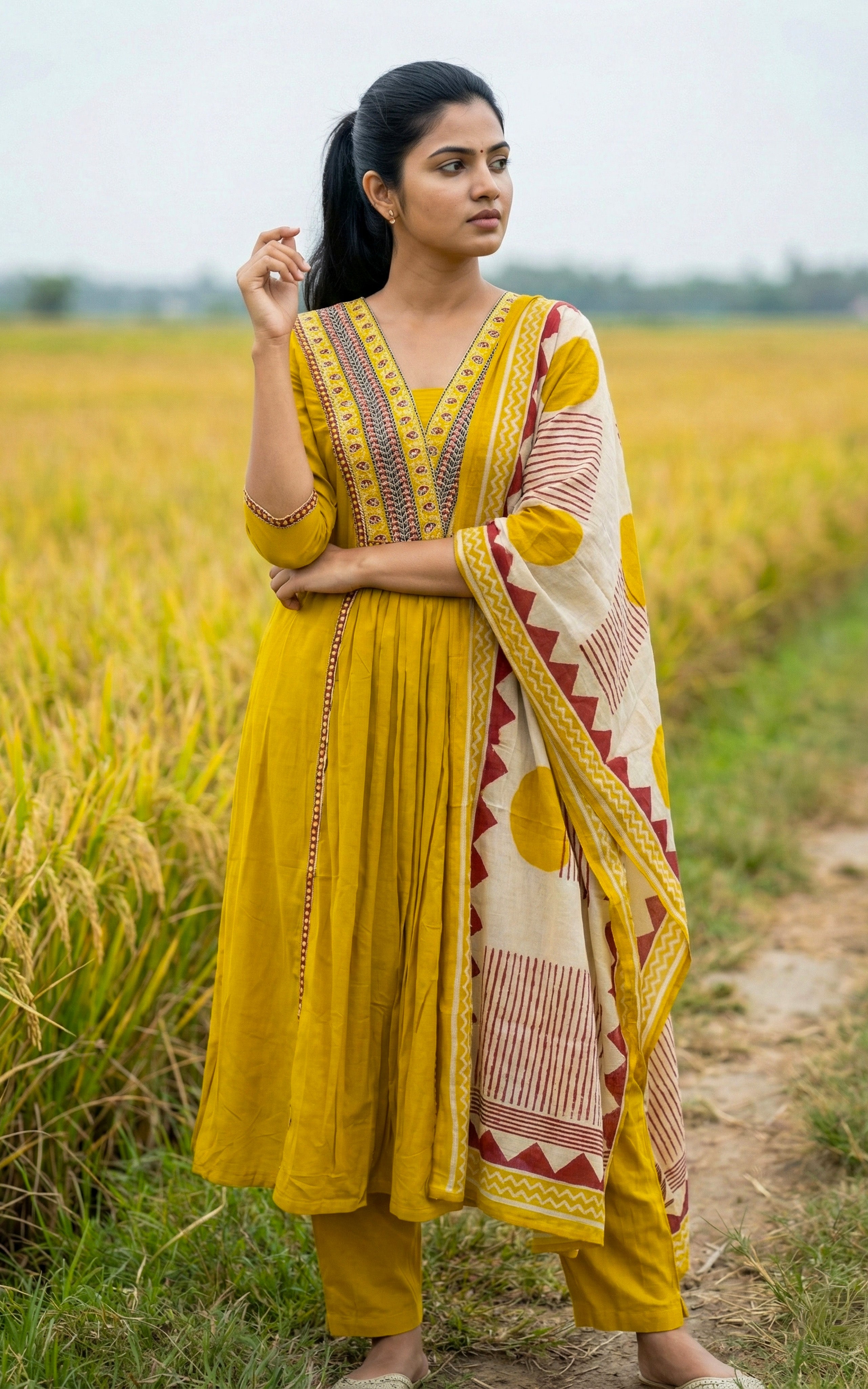 Instore - Mustard Cotton, V-Neck Embroidery Aline Kurti with Side Slit with Dupatta & Full Elastic Waistband Pant