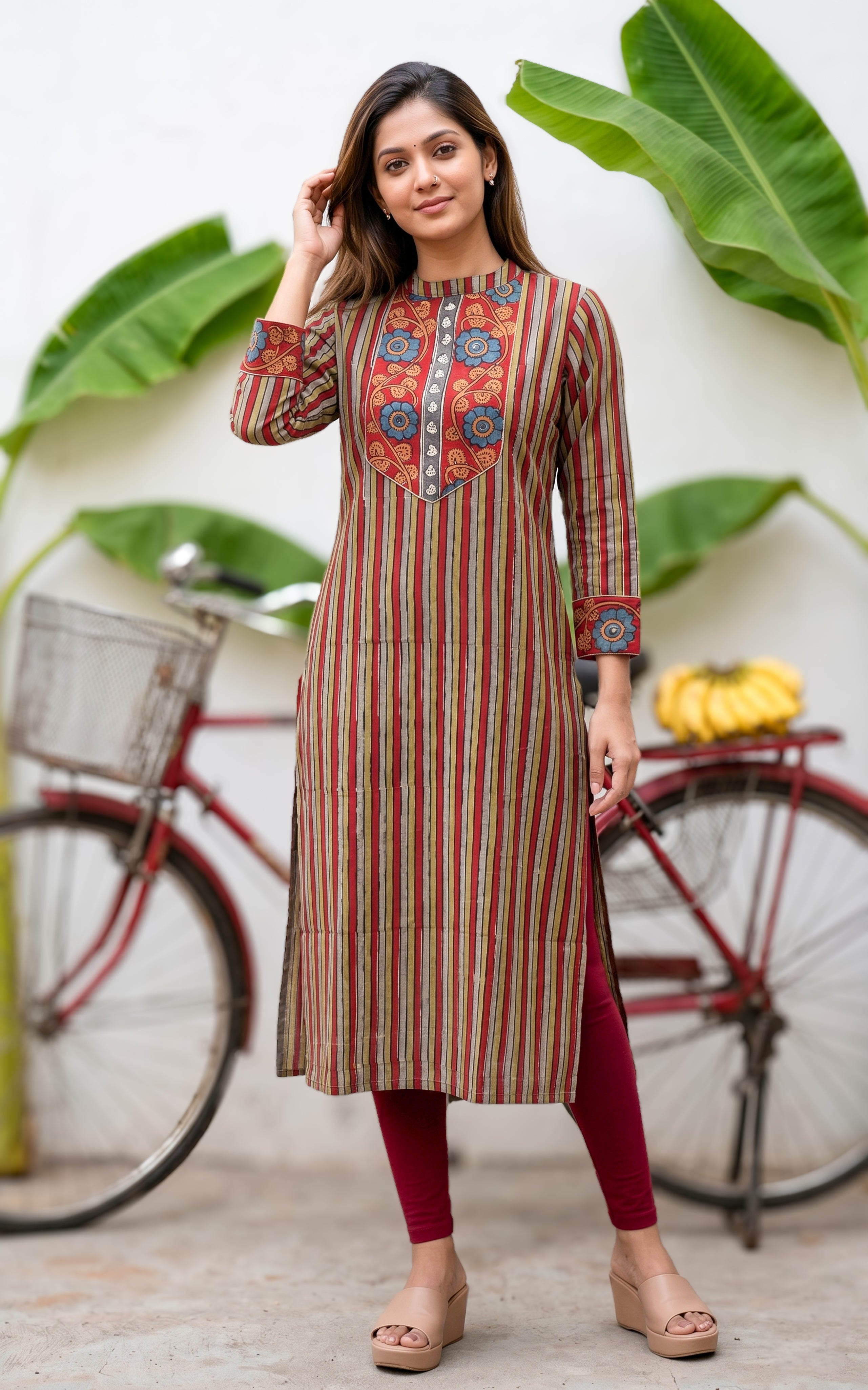 Maroon Cotton Straight Cut Kurti For Women