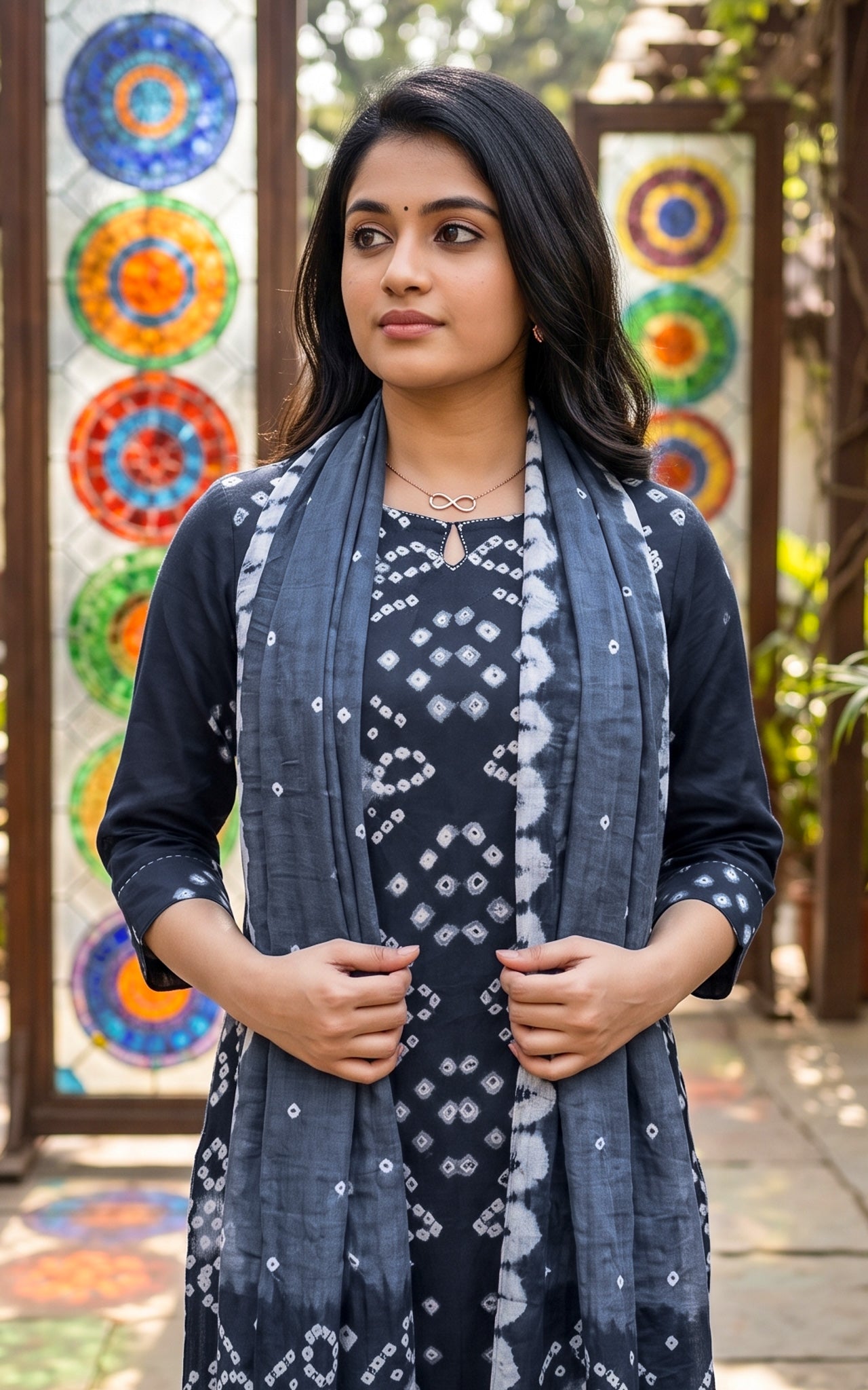 Bright Navy Blue and Grey Cotton Office Wear Kurti Set for Women