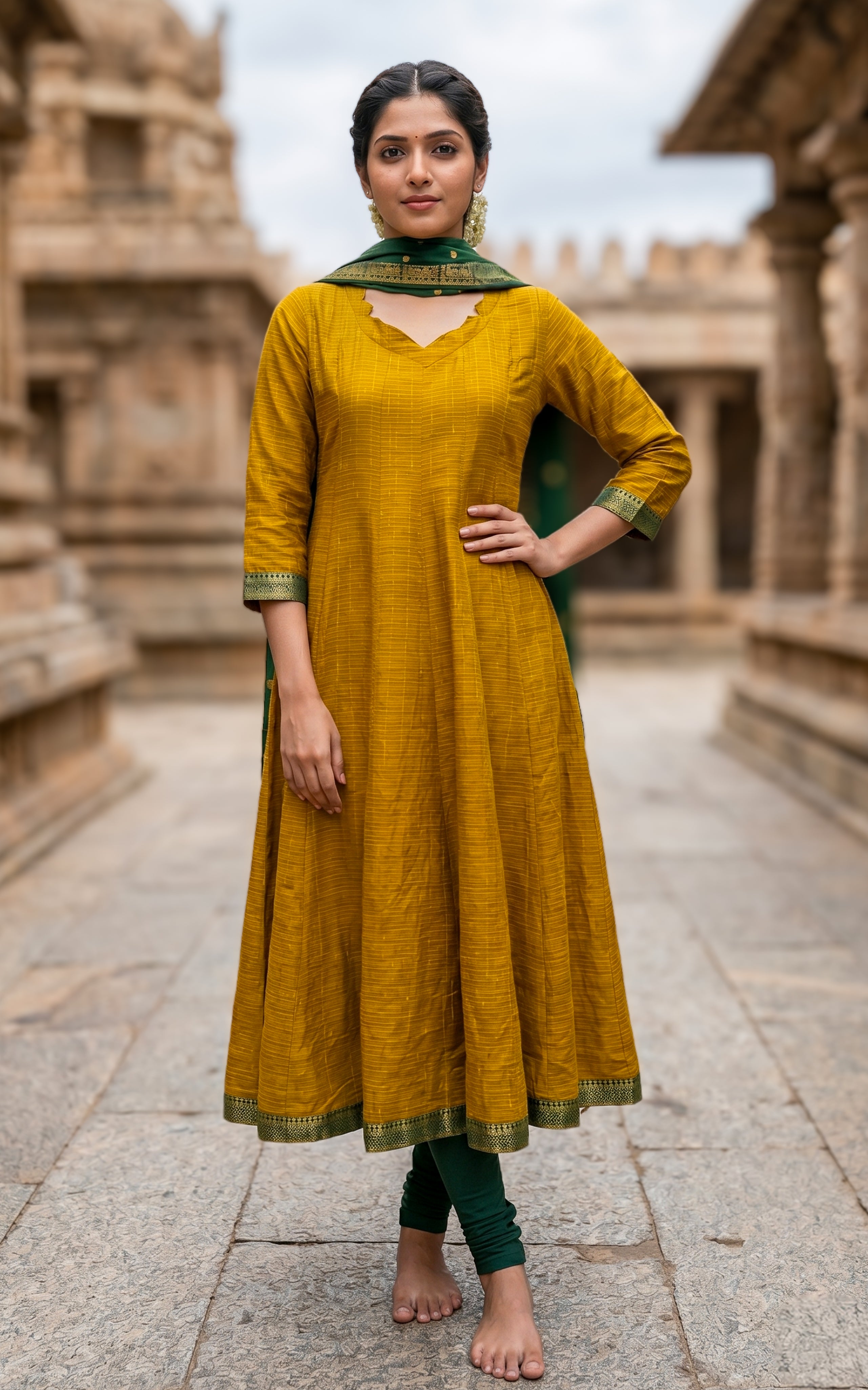 Instore – Mustard Azhagumalar Anarkali Kurti with Dupatta for Women – Slub Cotton – Contrast Zari Border – Festive Ethnic Wear
