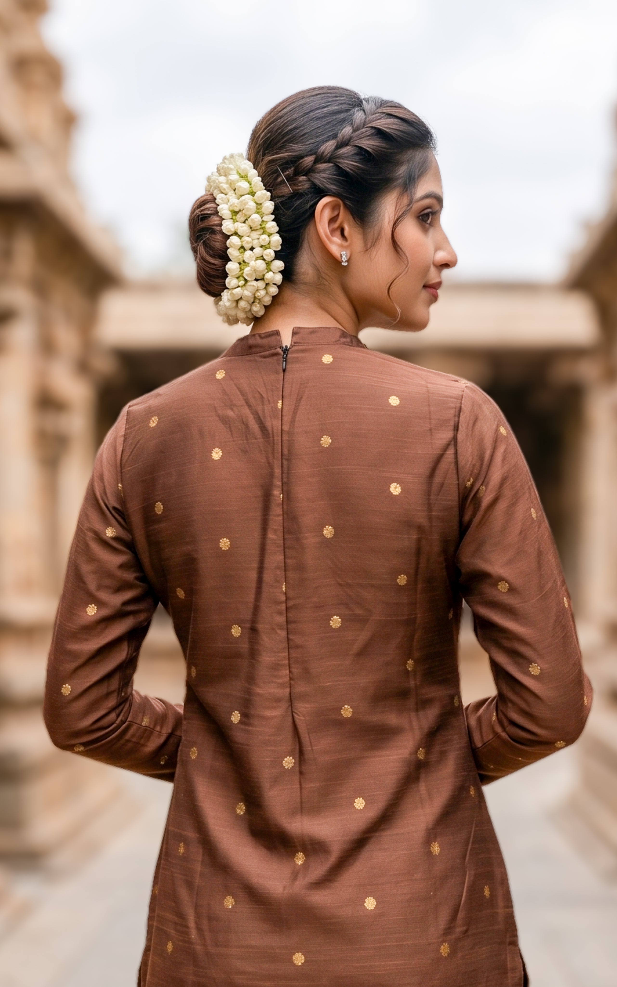 Instore – Brown Sudari Straight Cut Kurti with Dupatta for Women – Silk Cotton – Turtle Neck – Festive Ethnic Wear
