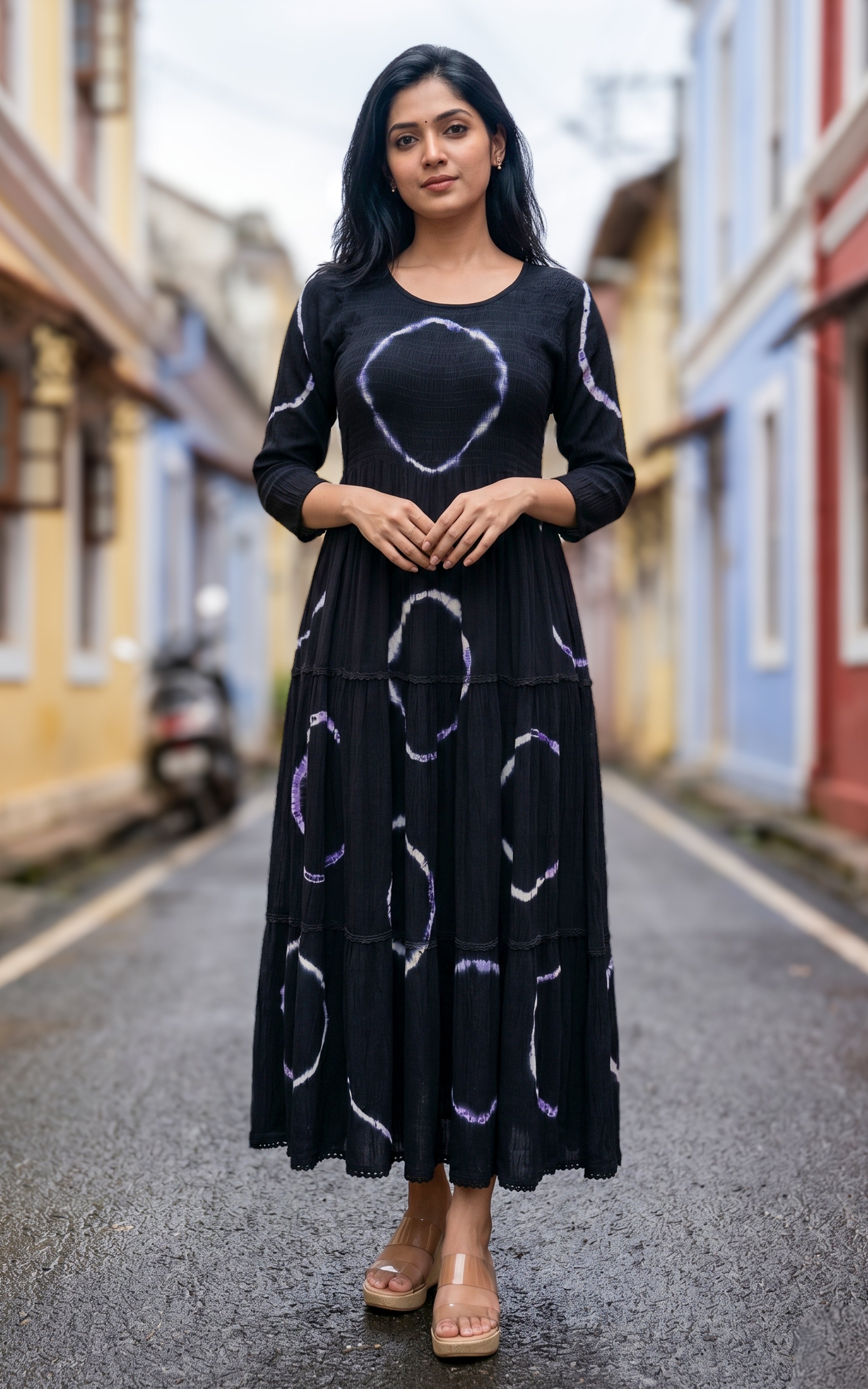 Instore - Black Color Viscose Smocked Indo Western Maxi, No Lining