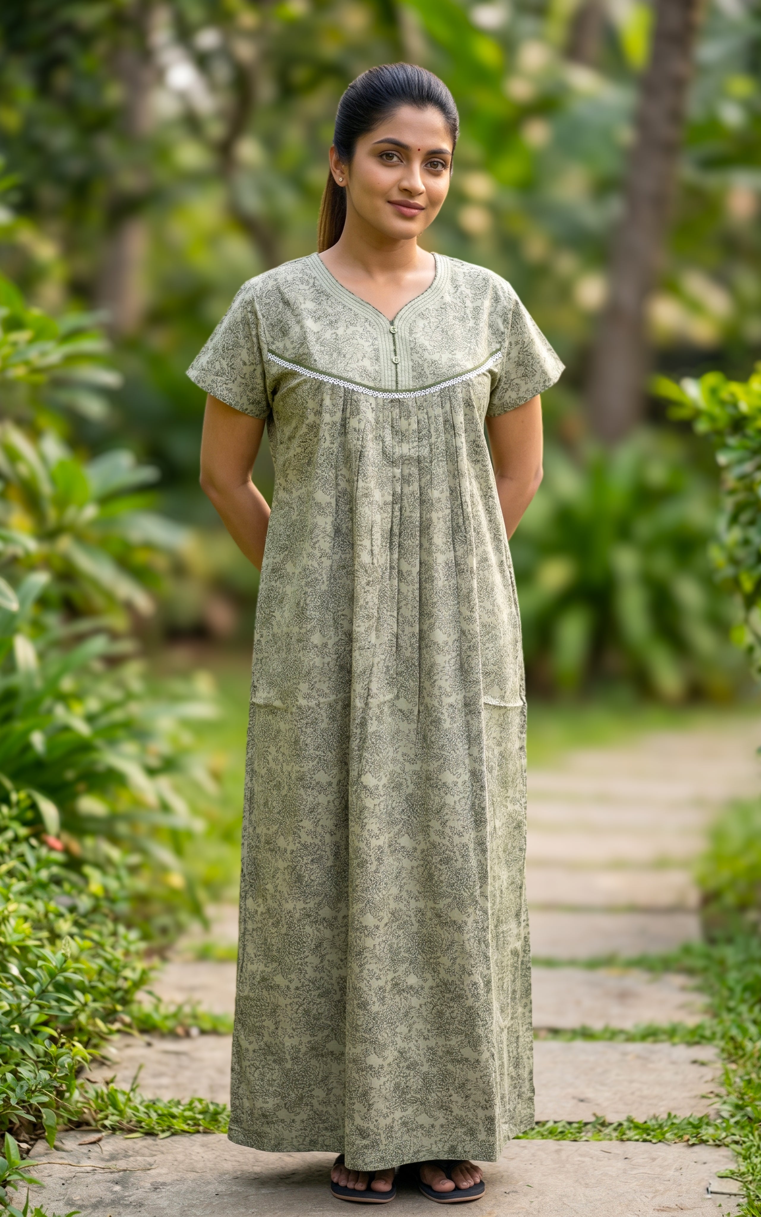 Instore - Sage Green Floral Print Cotton Long Nighty with Side Pocket, Relaxed Fit, Women's Sleepwear