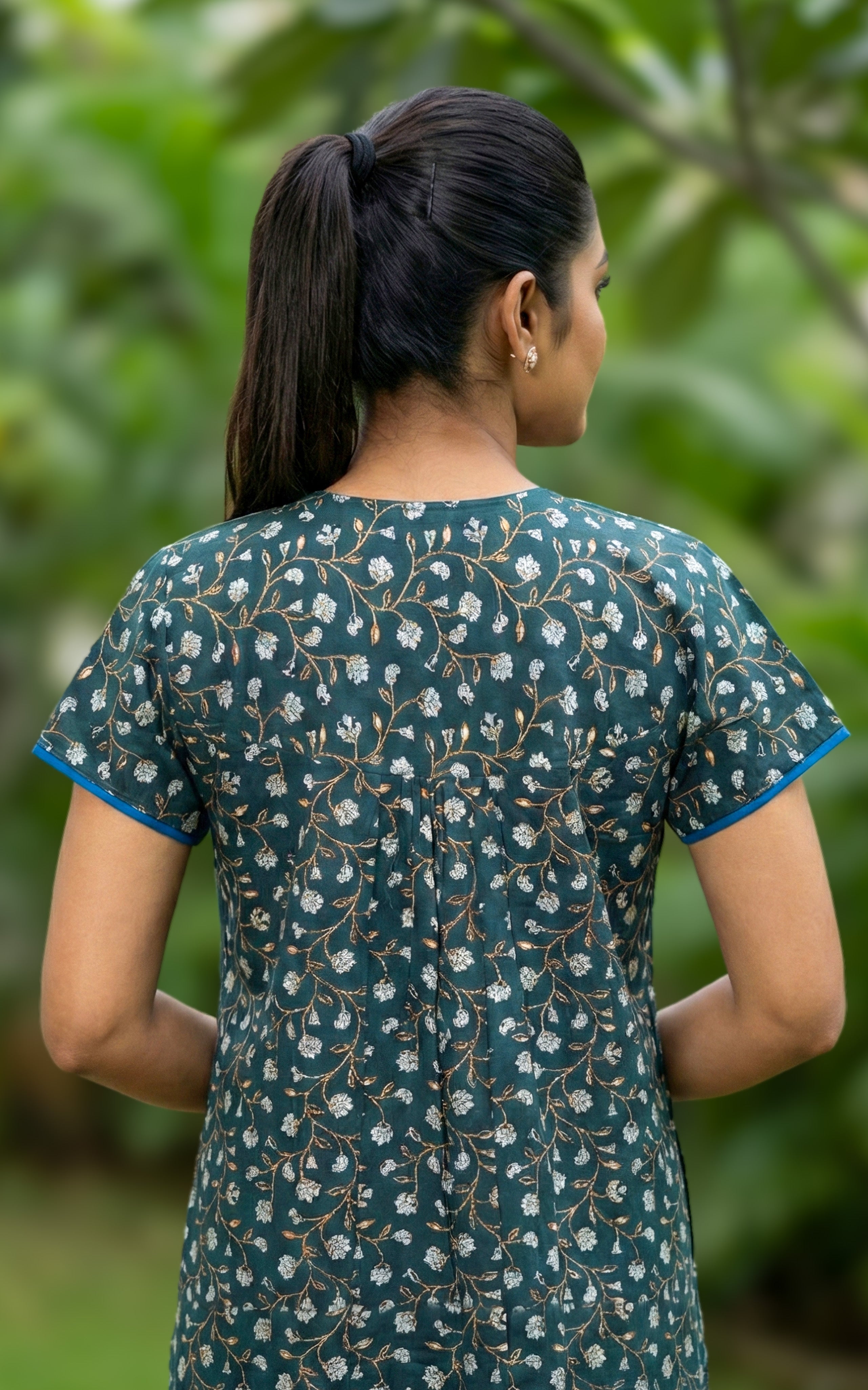 Instore – Teal Cotton Long Nighty, All-Over Beige Floral Design, Round Neck with Blue Contrast Piping & Button Placket, Relaxed Fit, Women's Sleepwear