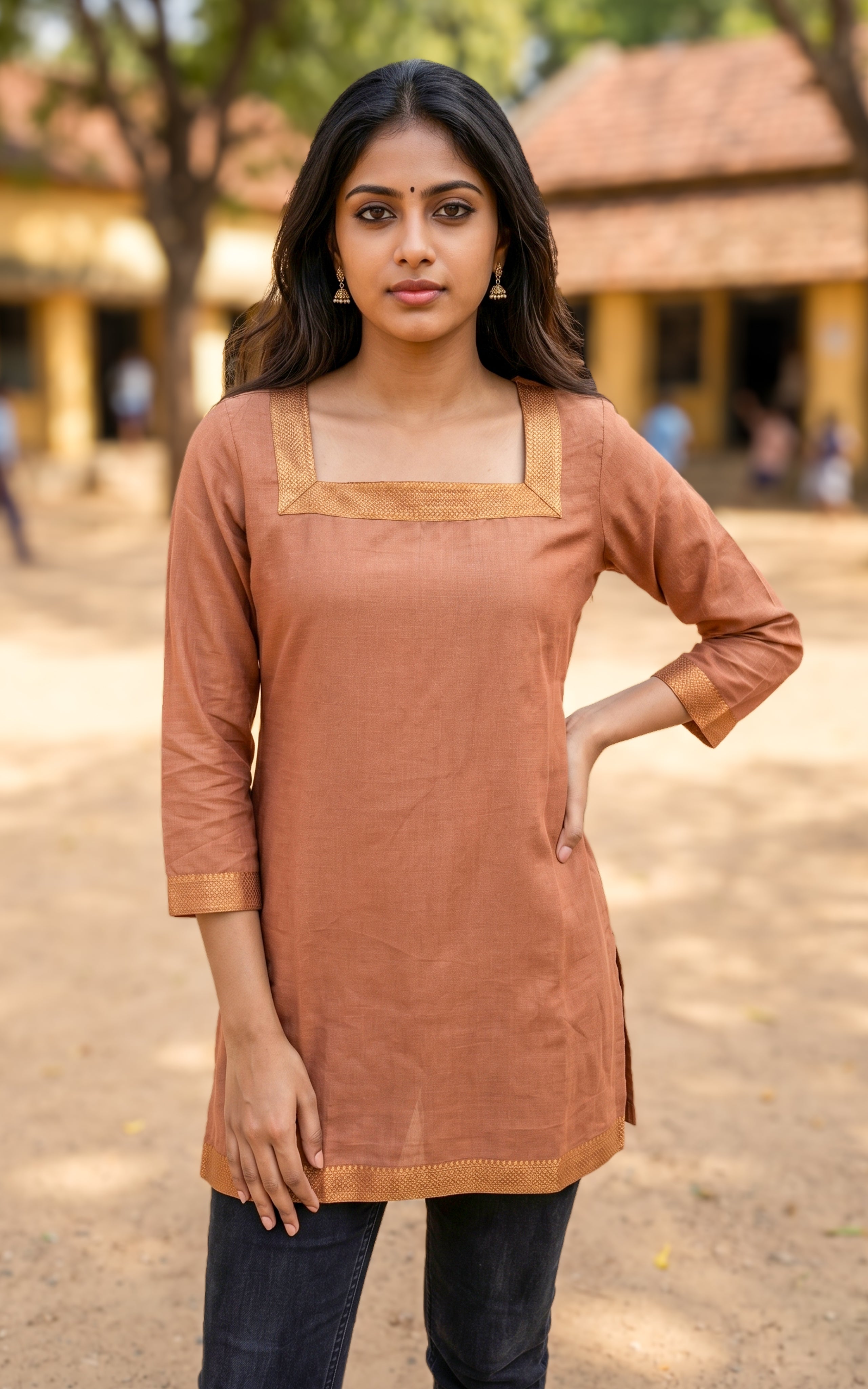 Rust straight cut cotton kurti for women