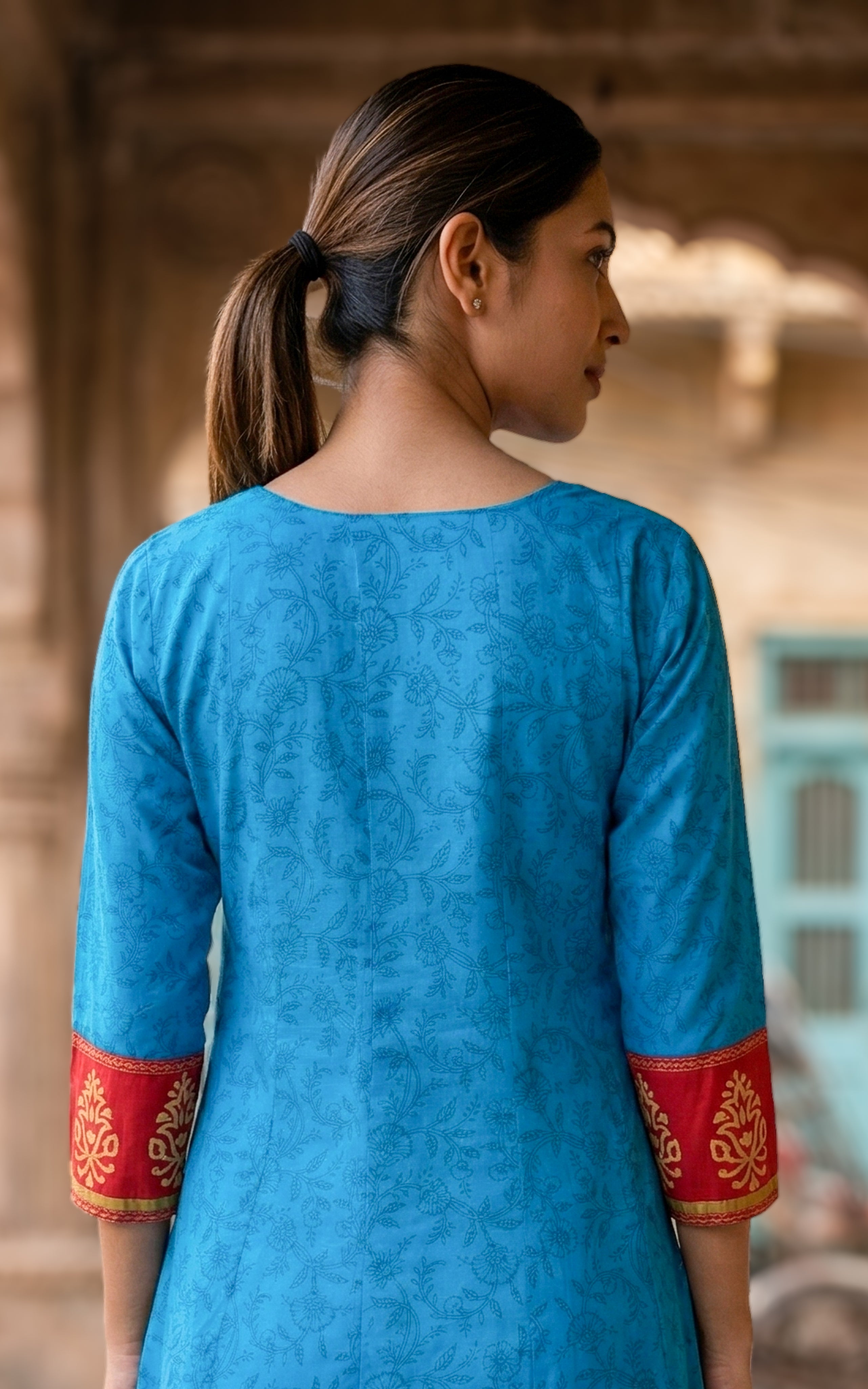 Instore - Blue Color Cotton Handblock Aline Kurti Featuring Contrast Yoke Panel