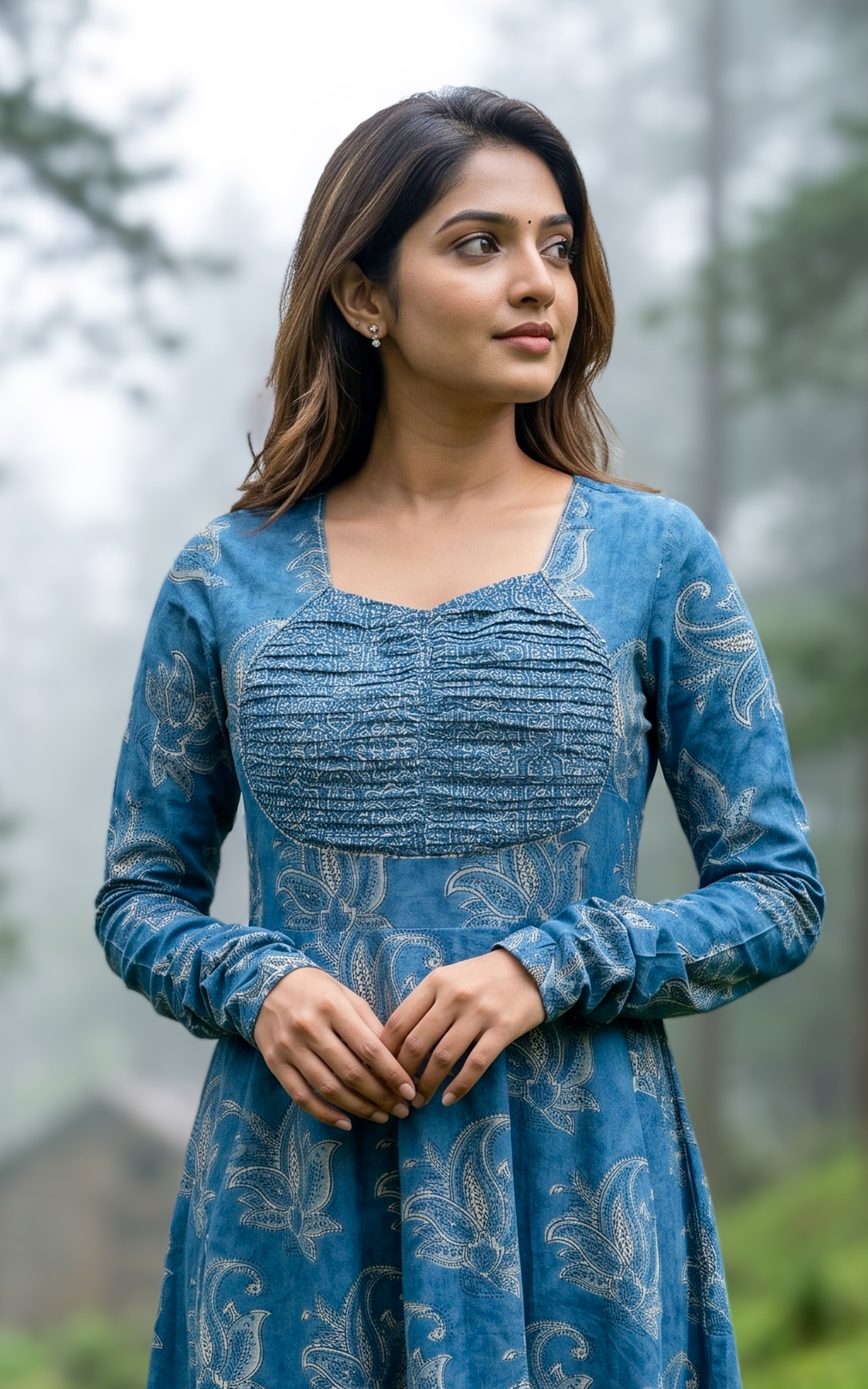 Dusty blue cotton Anarkali kurti for women