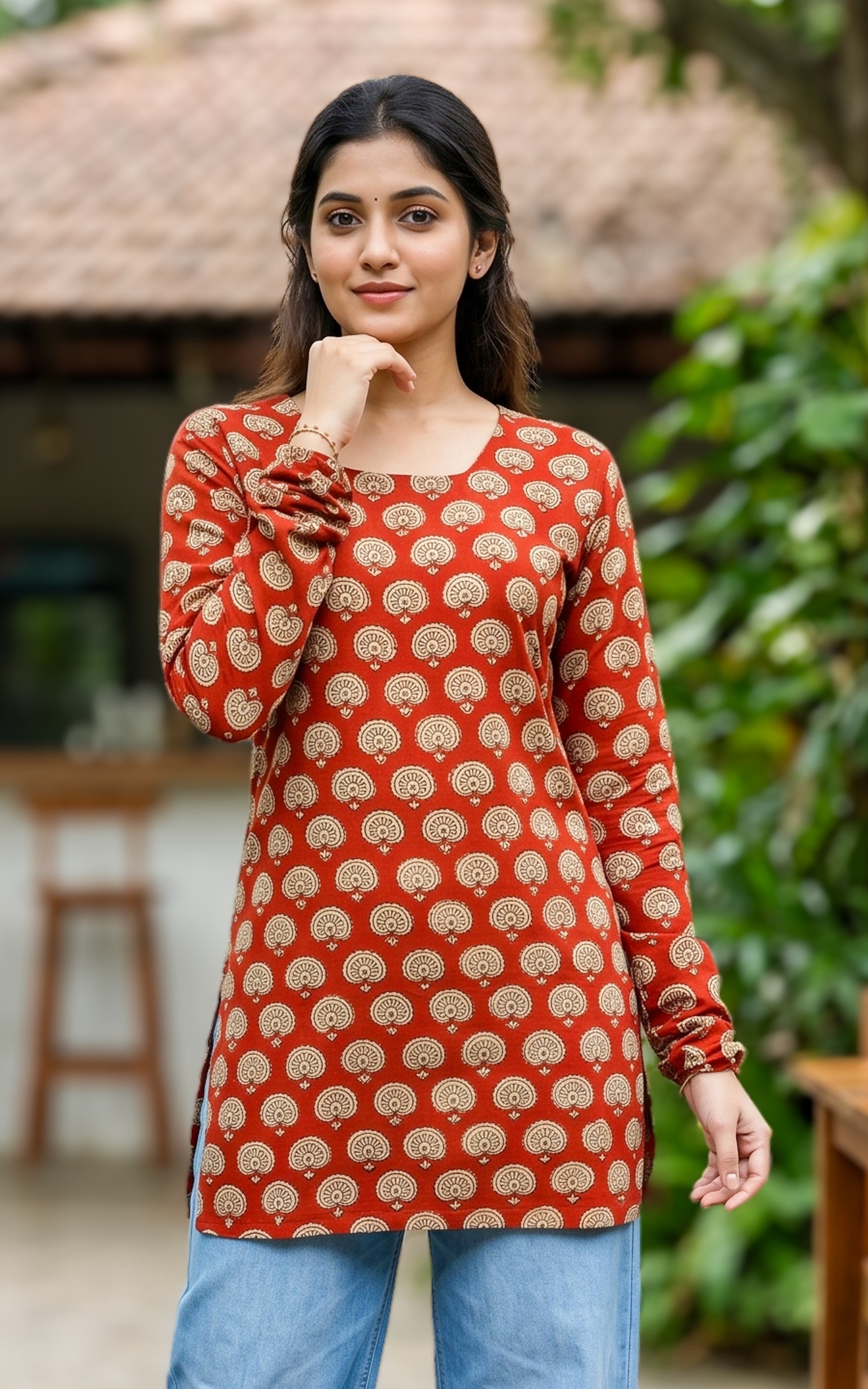 Instore – Handblock Printed Cotton Short Straight Cut Kurti for Women – Gathered Sleeves – Ethnic Wear