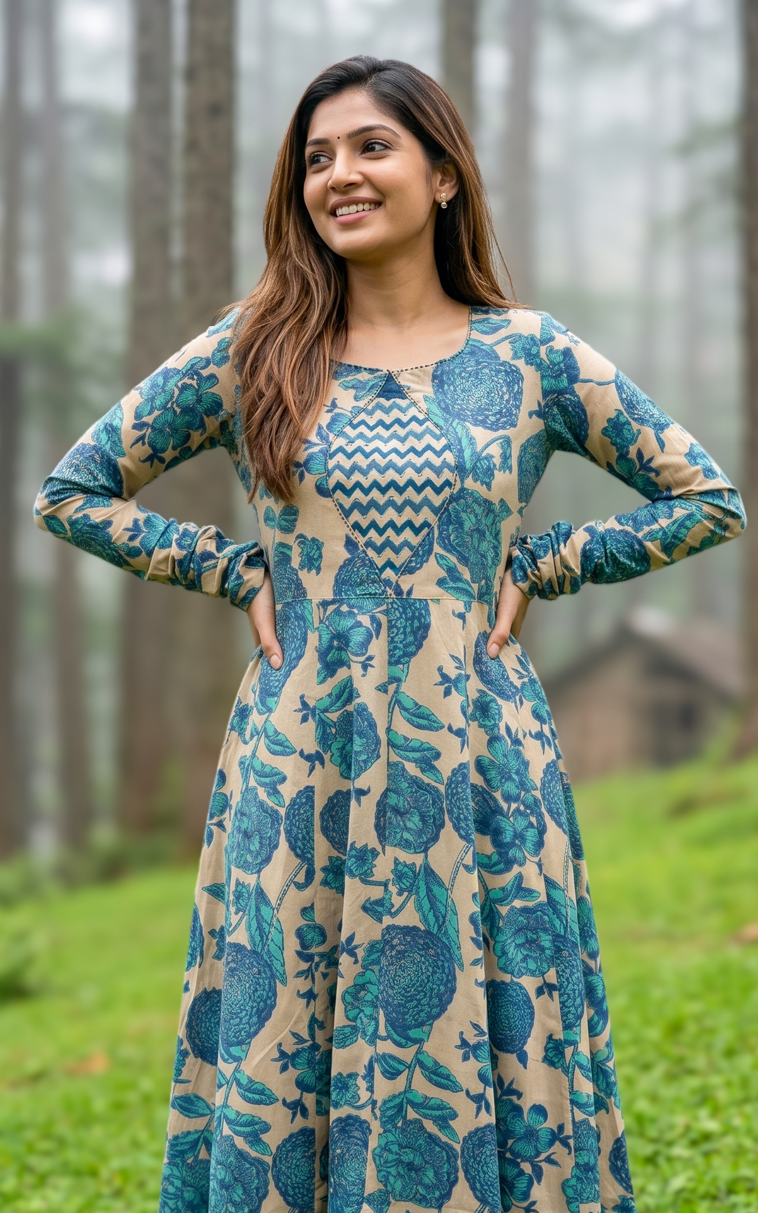 Printed cotton Anarkali kurti with gathered sleeves for women