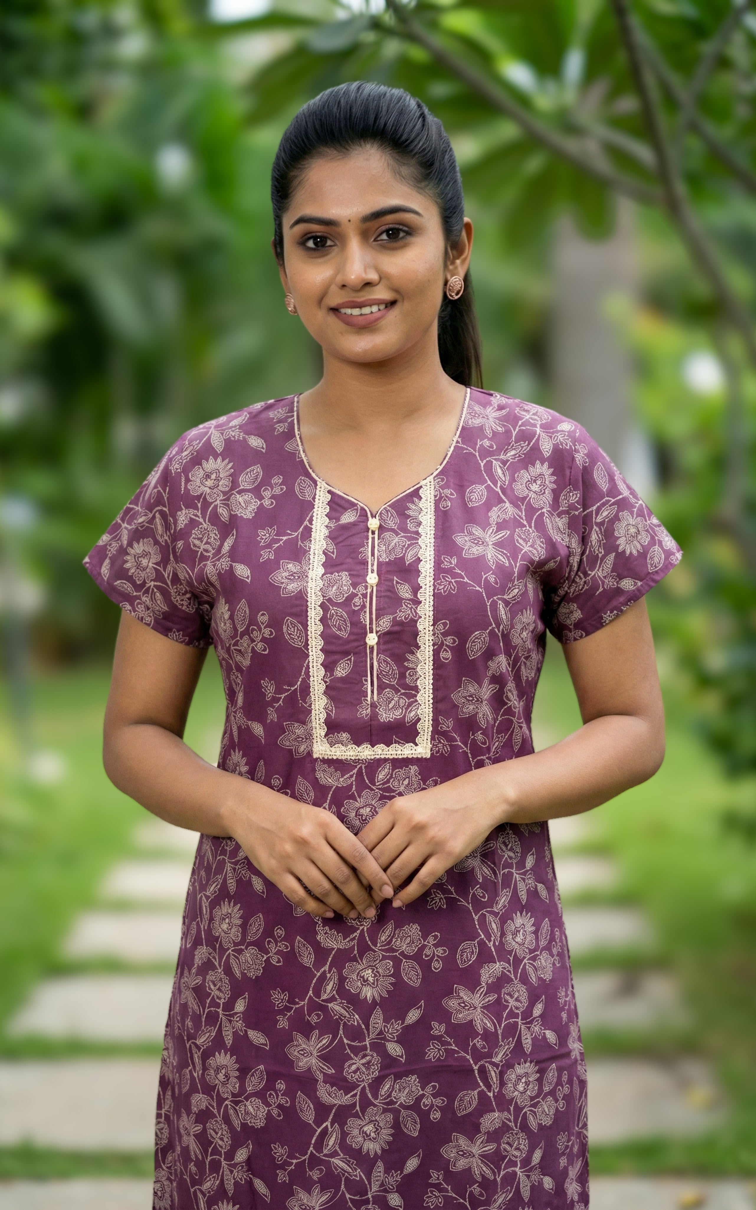 Instore – Purple Cotton Long Nighty, All-Over Floral Print, Round Neck with Lace Detailing & Front Button Closure, Straight Fit, Women's Sleepwear