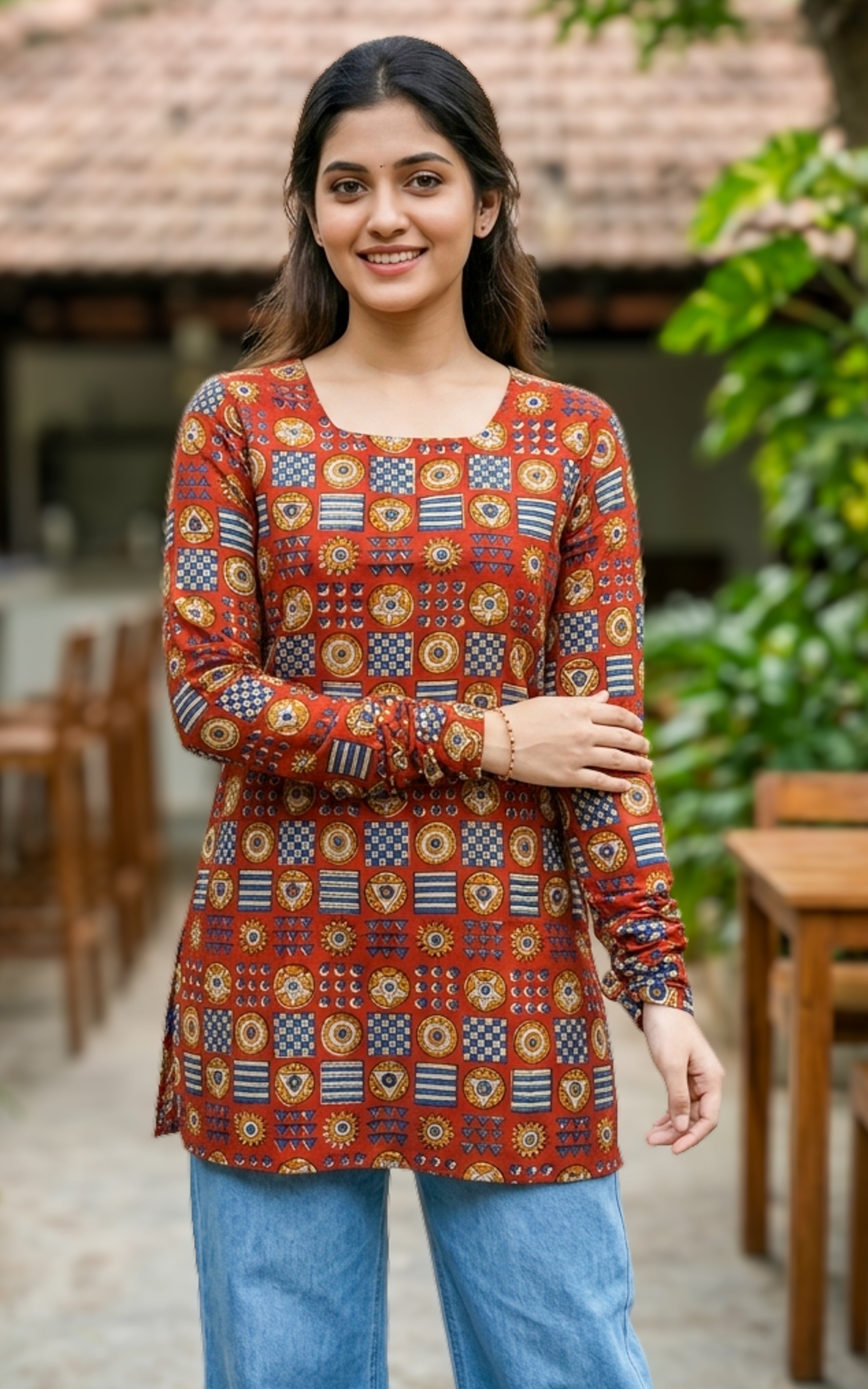 Handblock printed cotton short straight cut kurti for women
Short kurti with gathered sleeves
