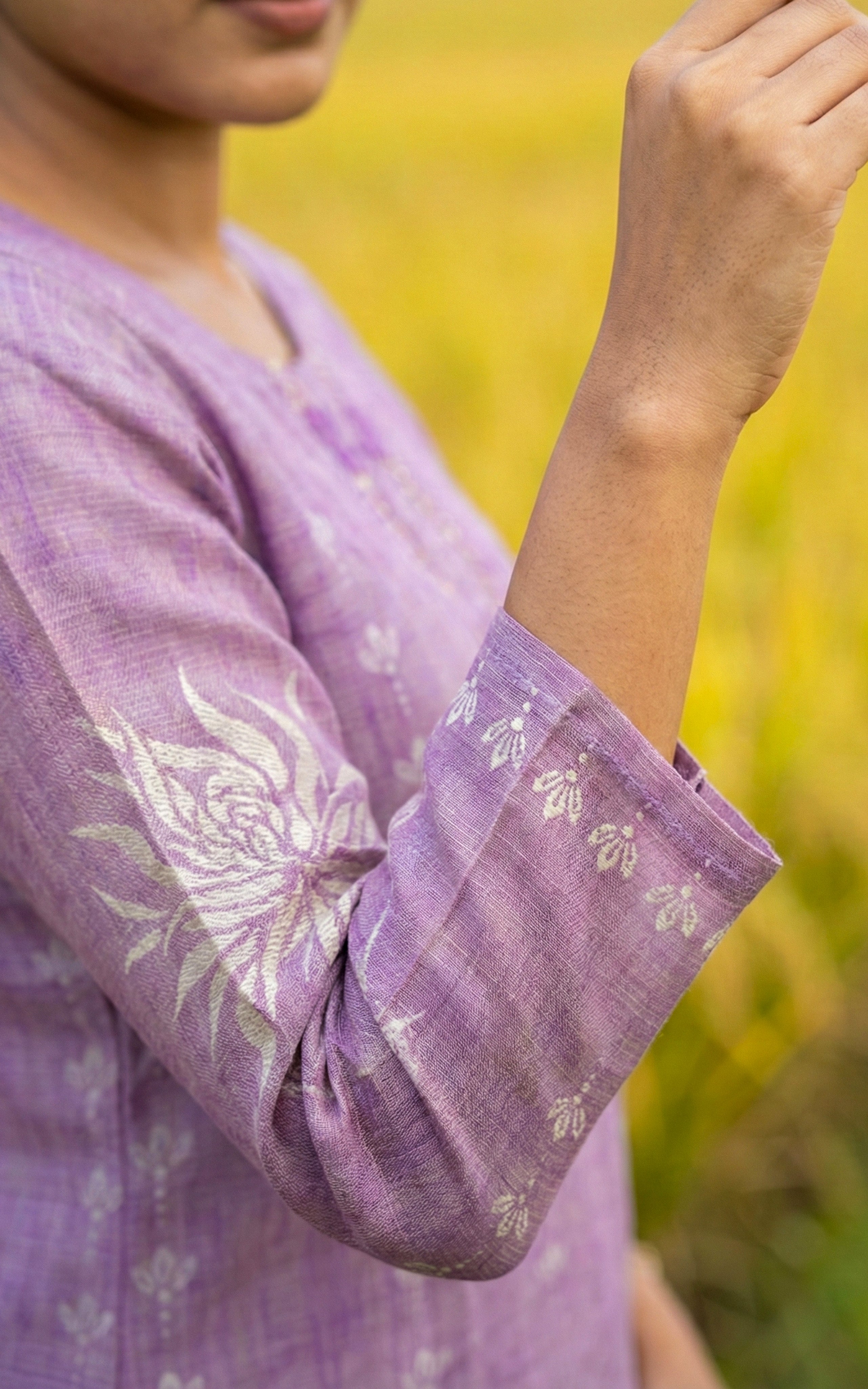 Instore - Soft Lavendar Art Silk Straight Cut Kurti with Embroidery & Pant with One Side Pocket & Art Silk Dupatta