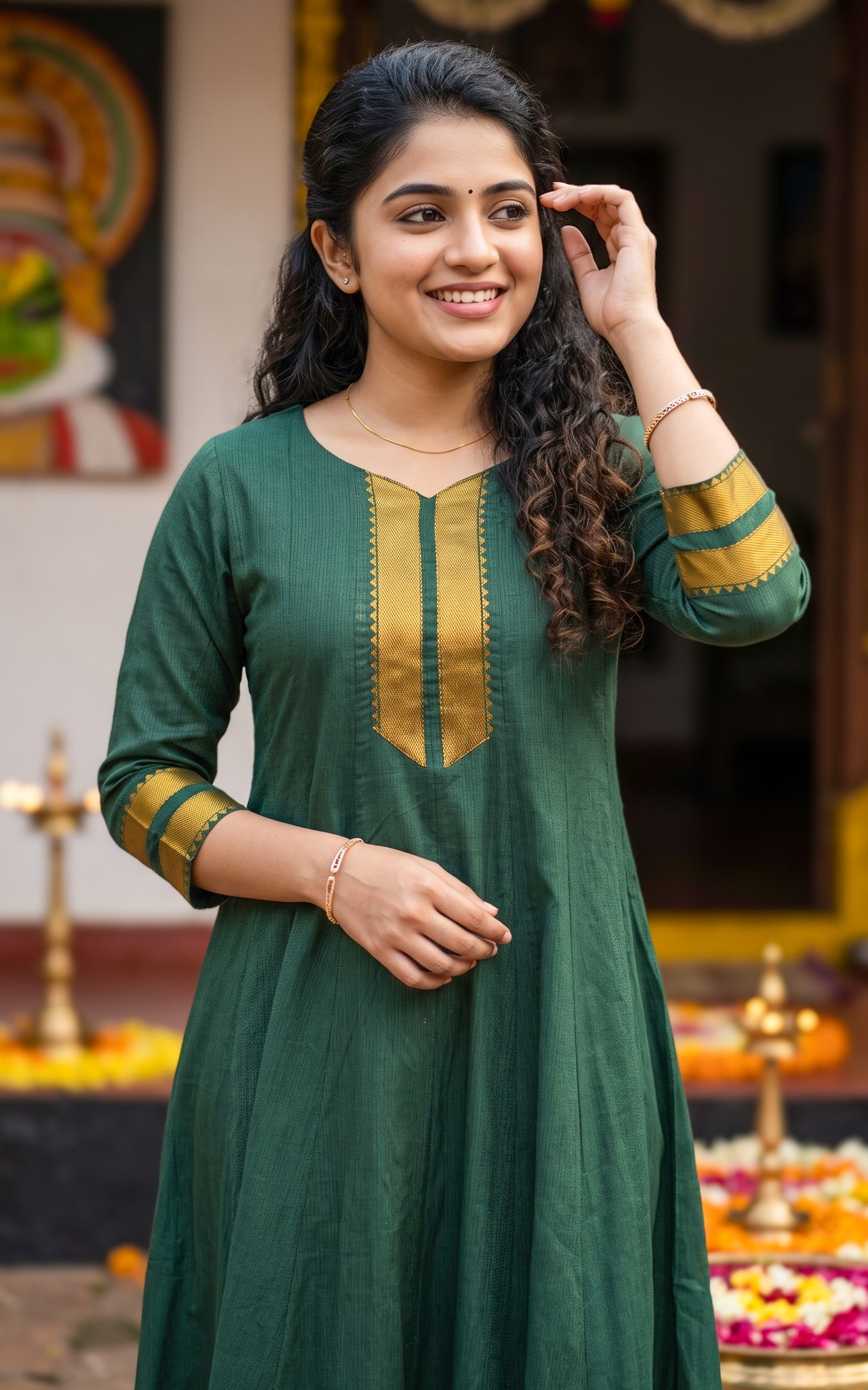 Green Blended South Cotton Onam Festive Wear Kurti for Women