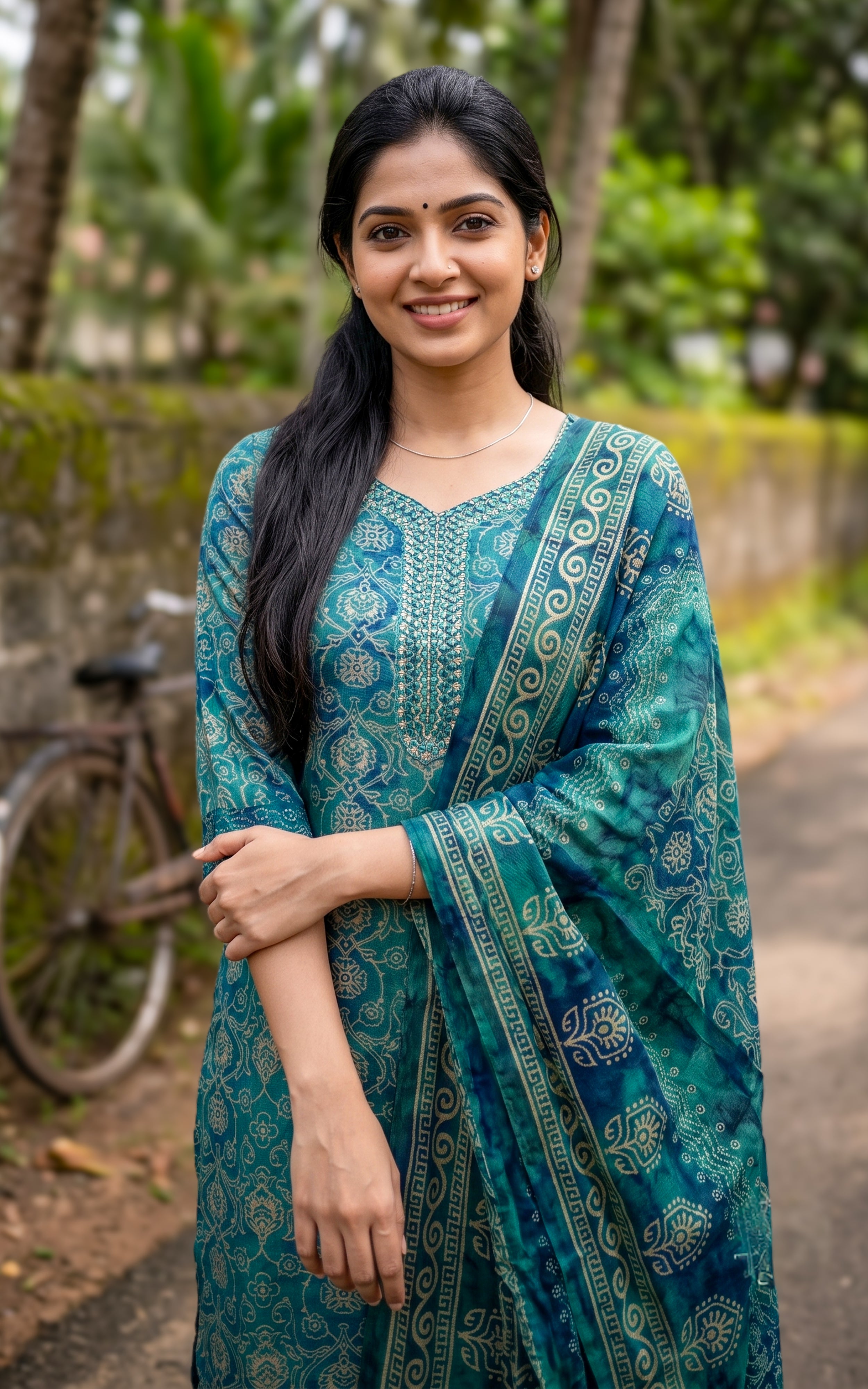 Dark Turquoise Art Silk Kurti Set with Dupatta for Women