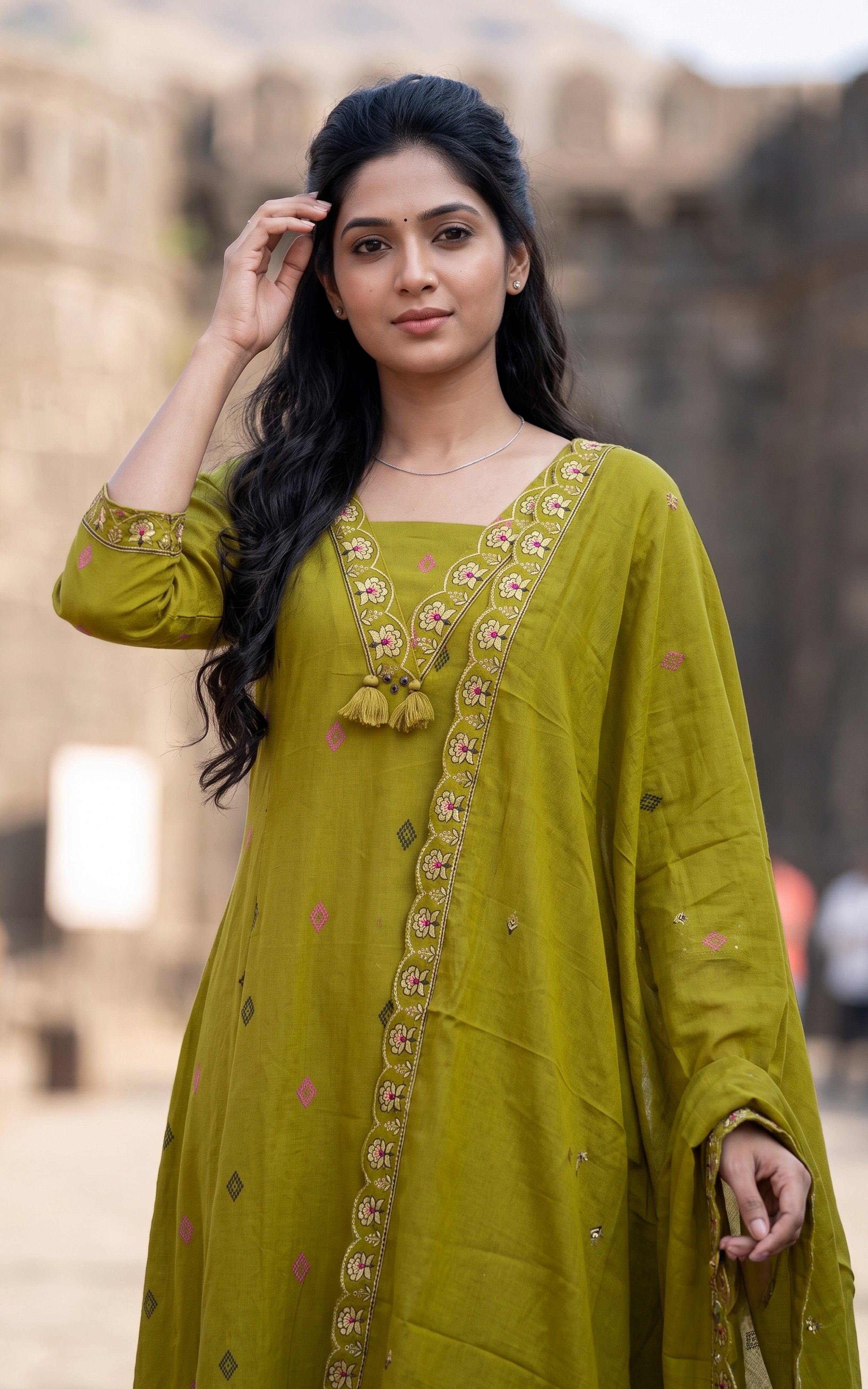 Mehandi Green Cotton Ethnic Wear Kurti Set for Women