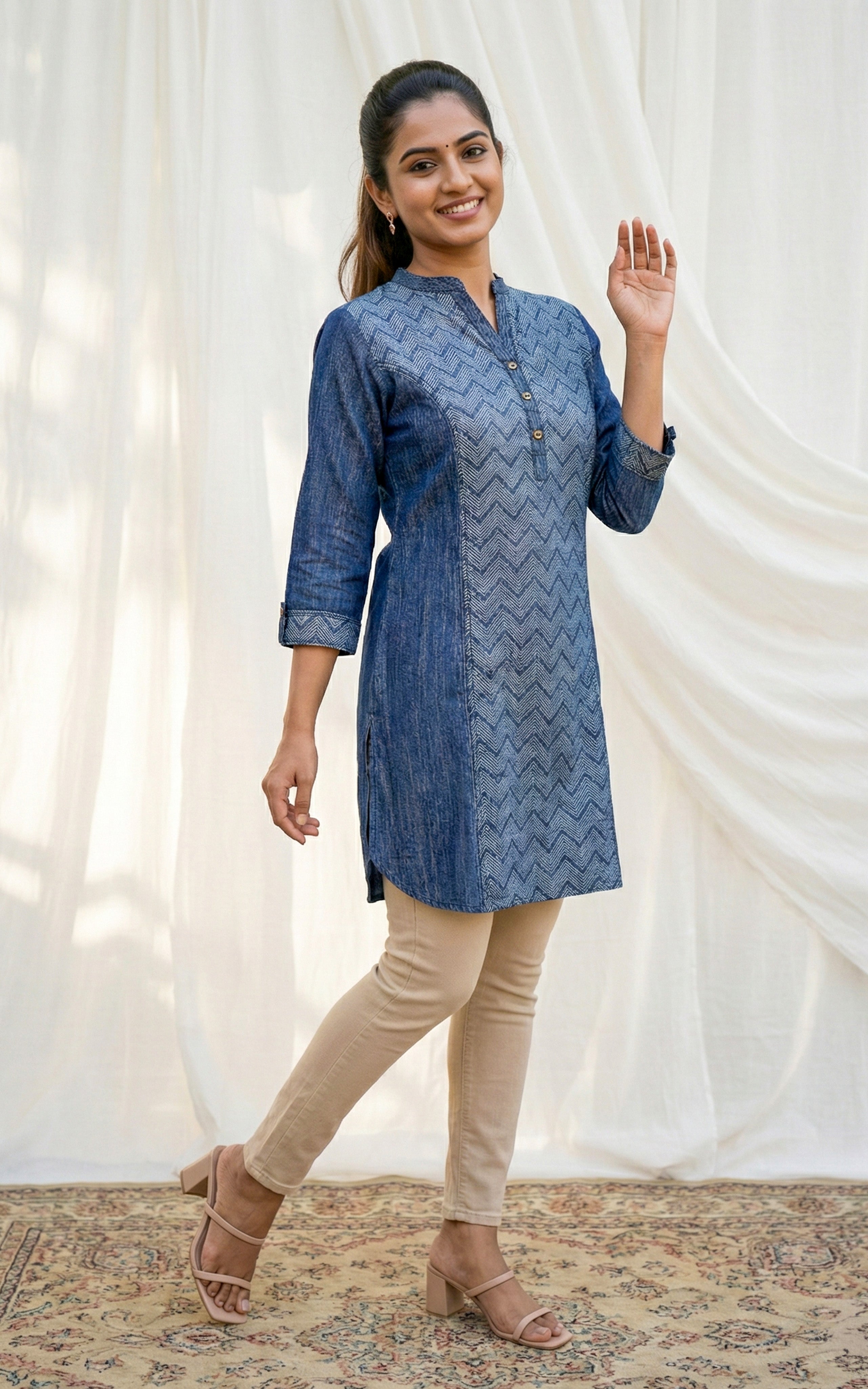 Denim blue denim indo western short top for women