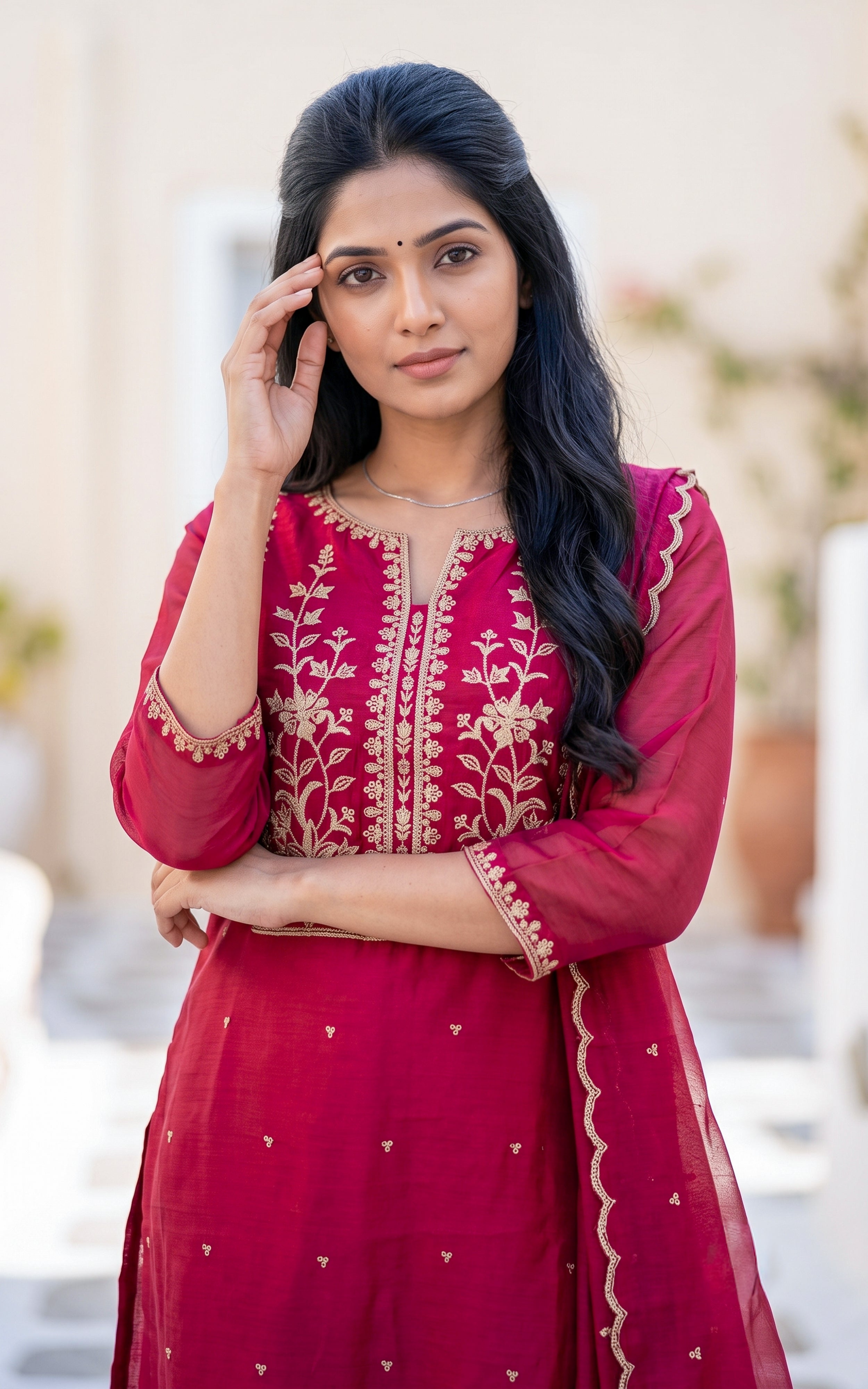 Red Chanderi Kurti Set with Cotton Straight Fit Pant for Women