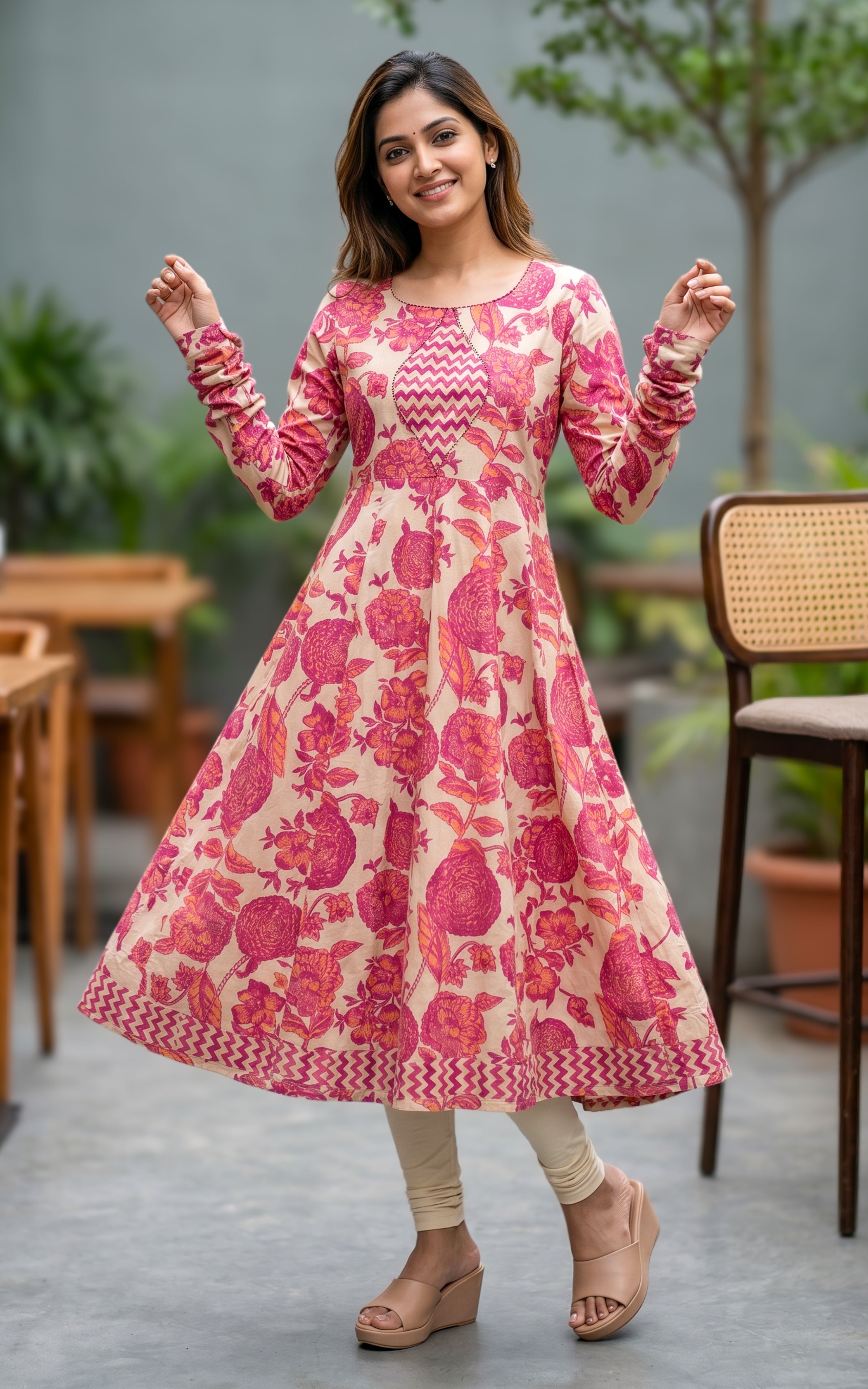 Peach printed cotton Anarkali kurti for women