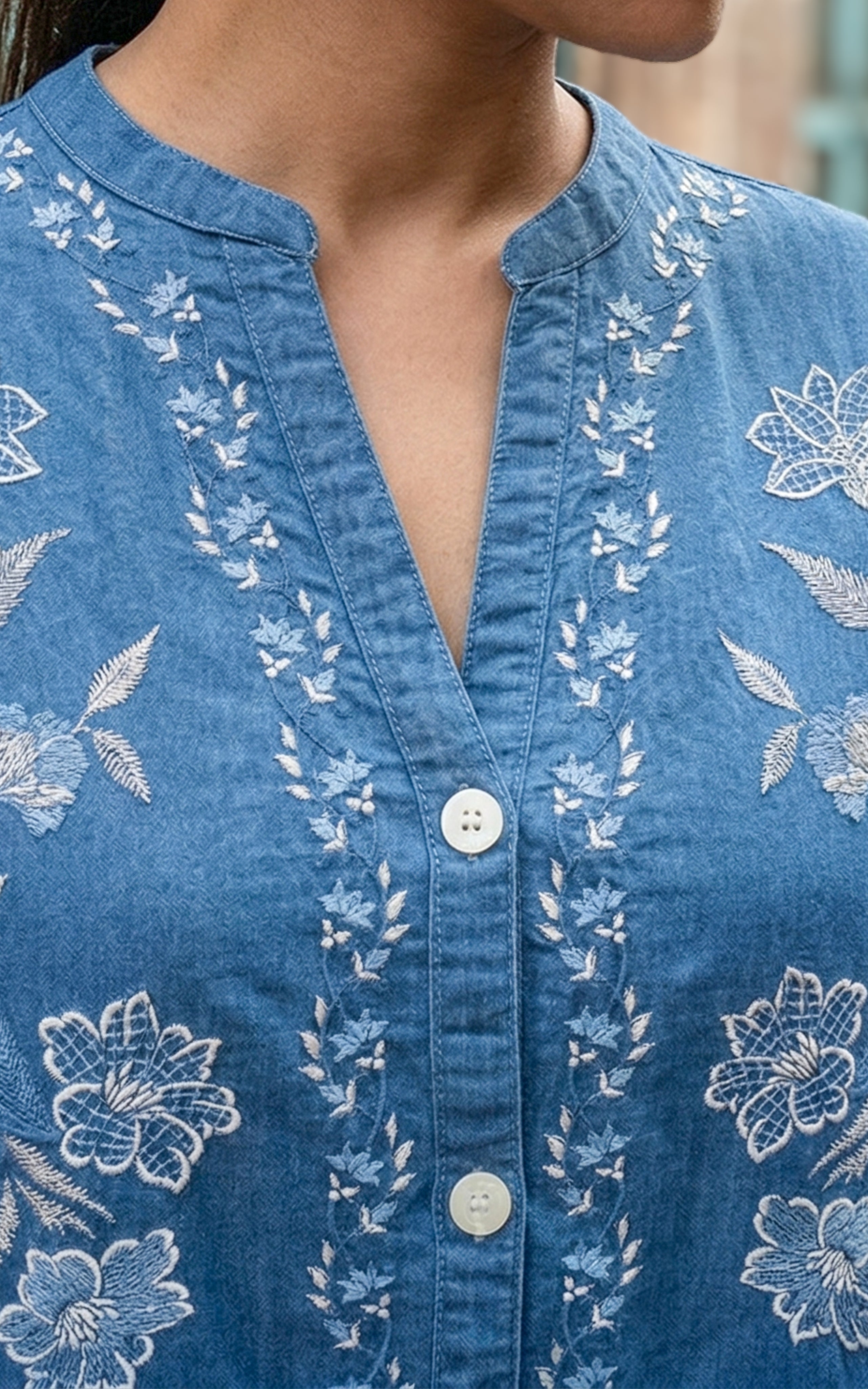 Instore - Blue Color Denim Short Top with Embroidery and Mandarin Collar Featuring Front Open Button