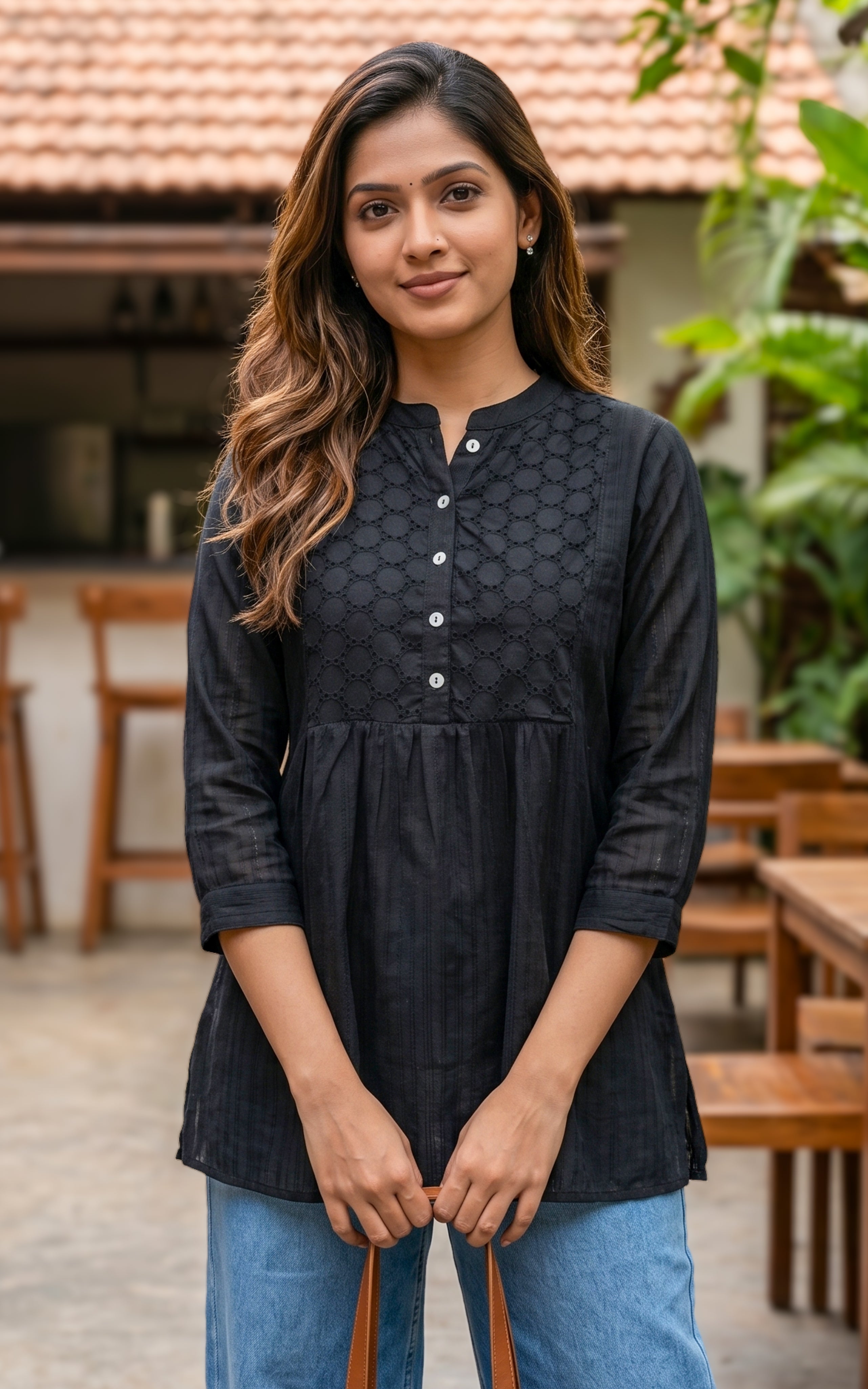 Mul mul cotton short flared Aline kurti for womembroidery yoke