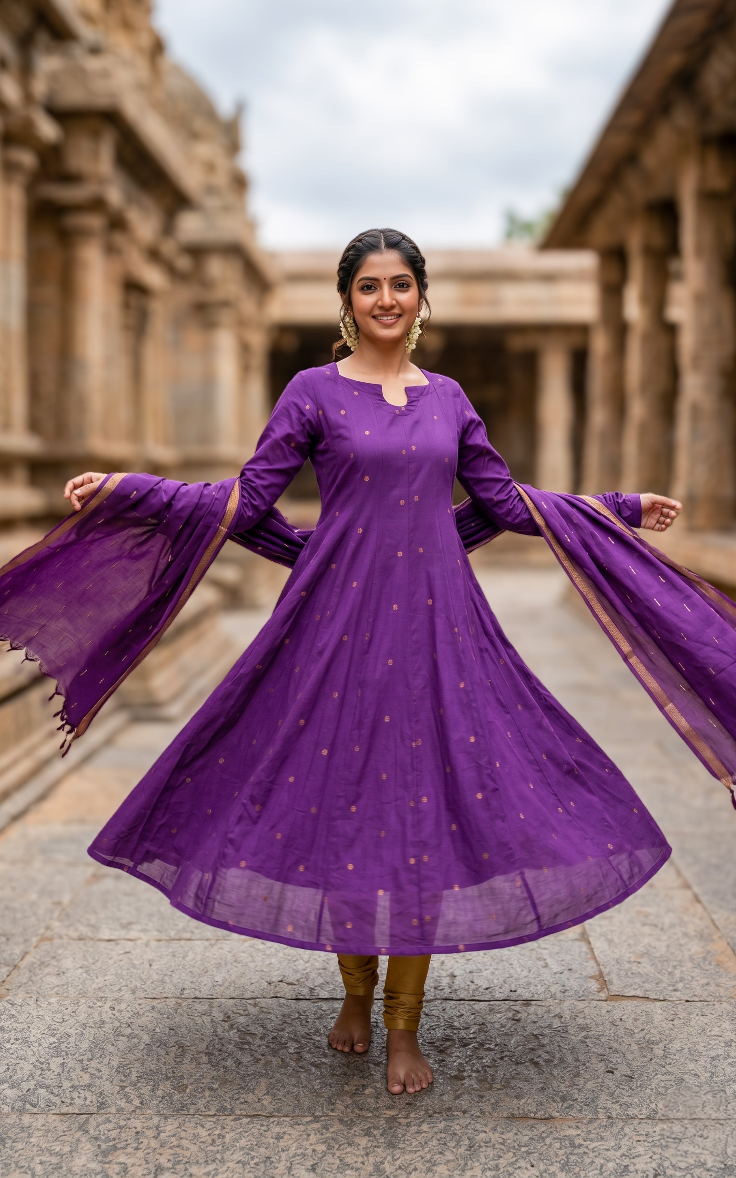 Instore – Violet Anudeepthi Anarkali Kurti with Dupatta for Women – Cotton – Gathered Sleeve – Festive Ethnic Wear