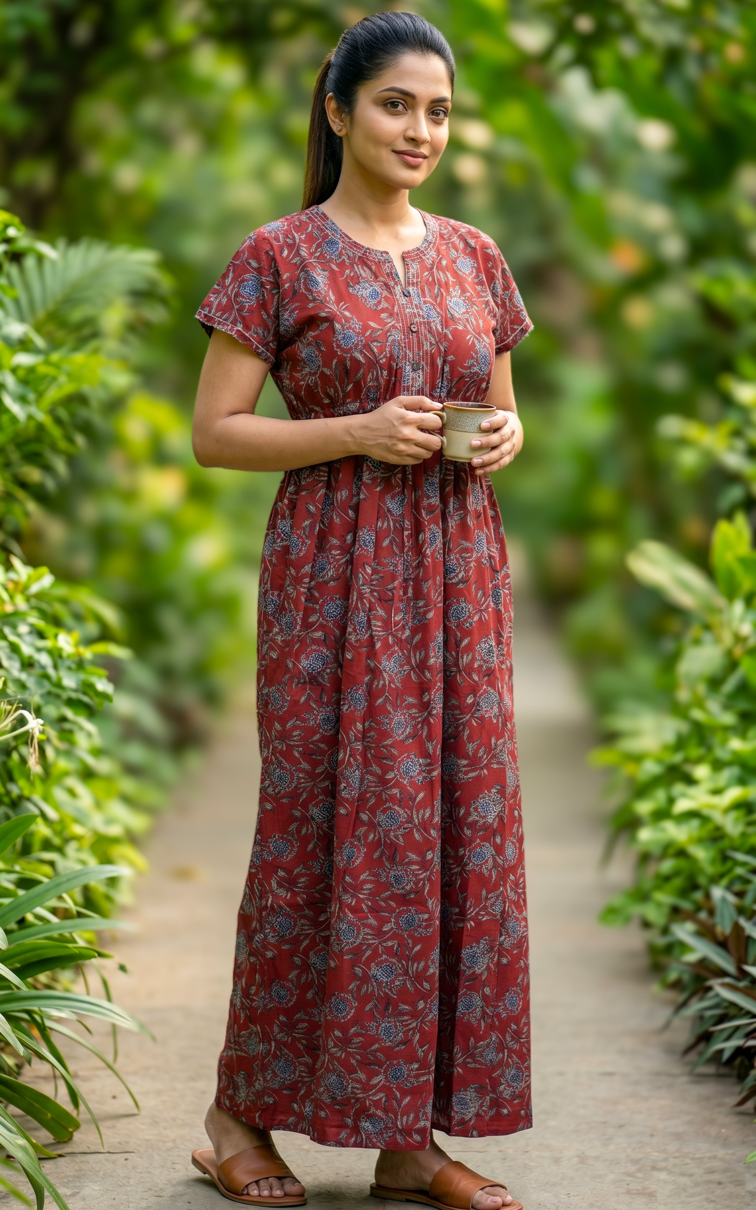 Instore - Maroon Floral Print Cotton A-line Long Nighty with Side Pocket, Relaxed Fit, Women's Sleepwear