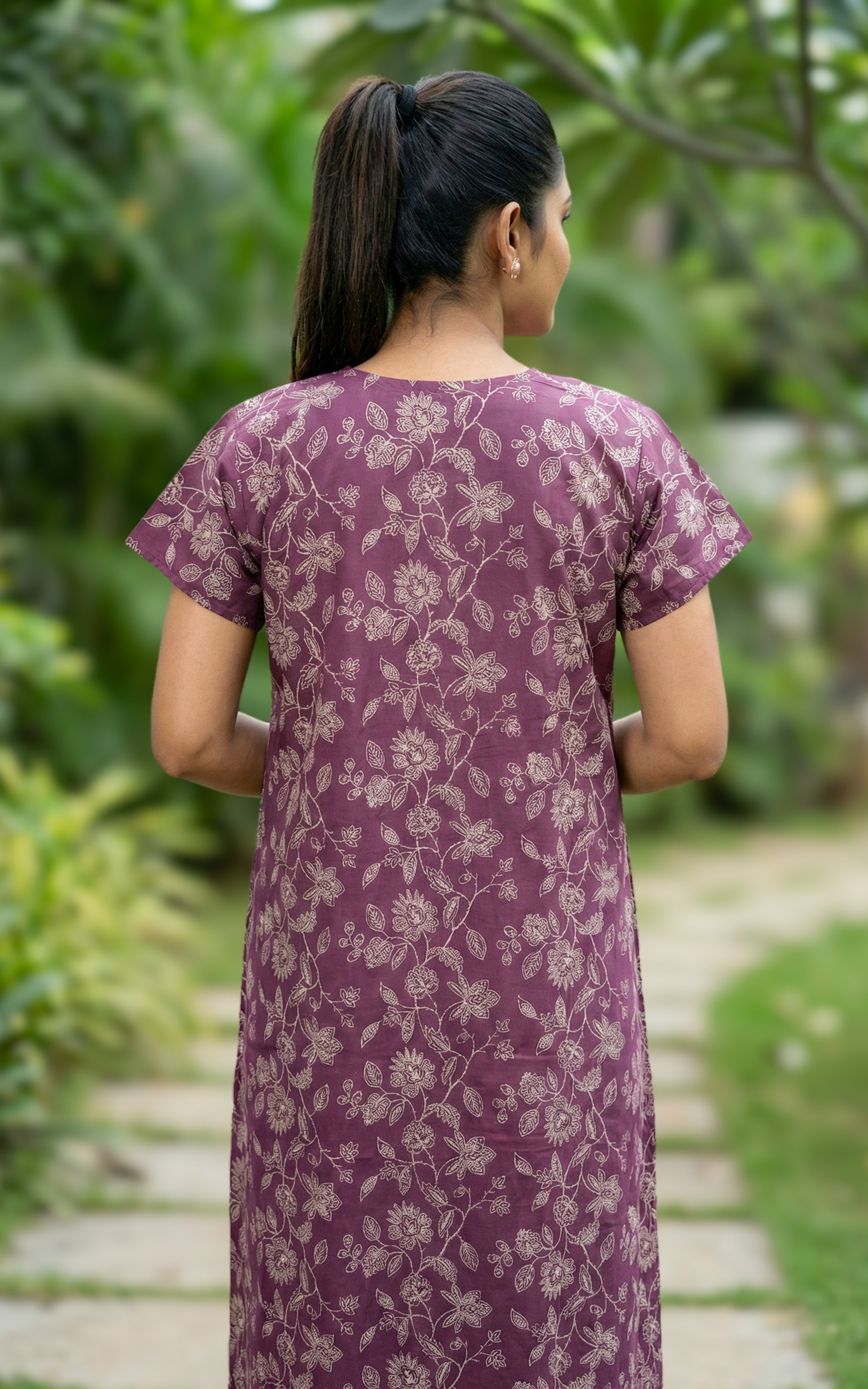Instore – Purple Cotton Long Nighty, All-Over Floral Print, Round Neck with Lace Detailing & Front Button Closure, Straight Fit, Women's Sleepwear
