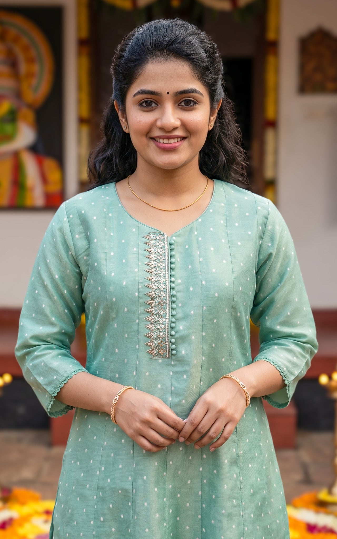 Mint Green Chanderi Kerala Onam Special Kurti for Women
