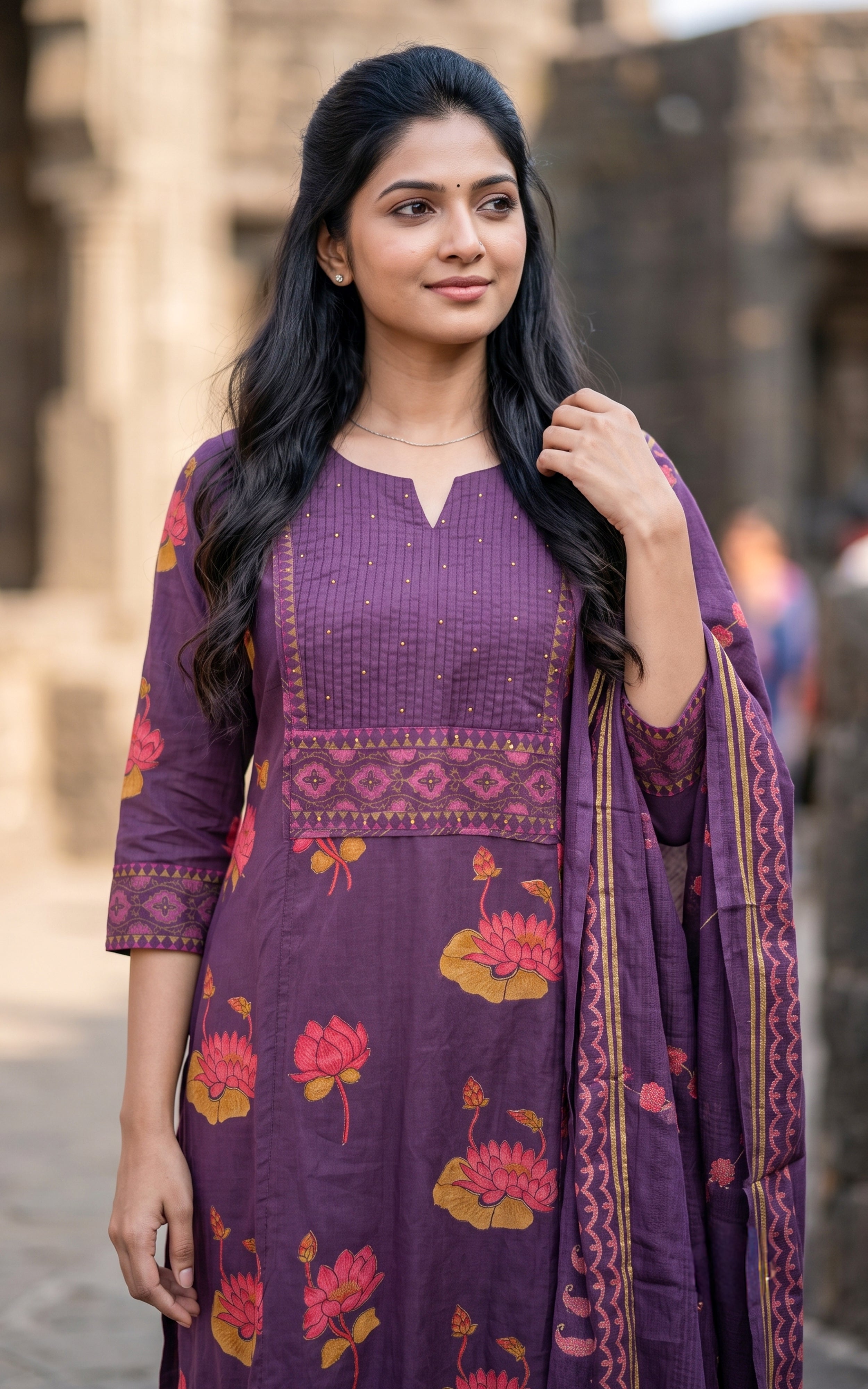 Purple Printed Cotton Office Wear Kurti Set for Women