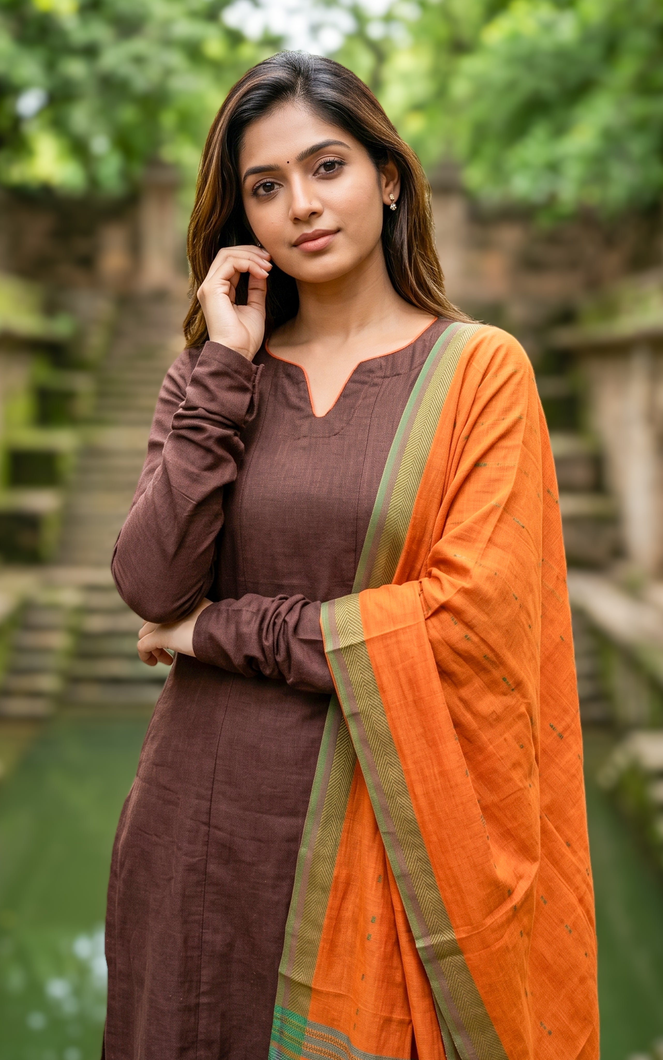 Instore – Brown Slub Synthetic Anarkali Kurti with Dupatta for Women – Gathered Sleeves – Ethnic Wear