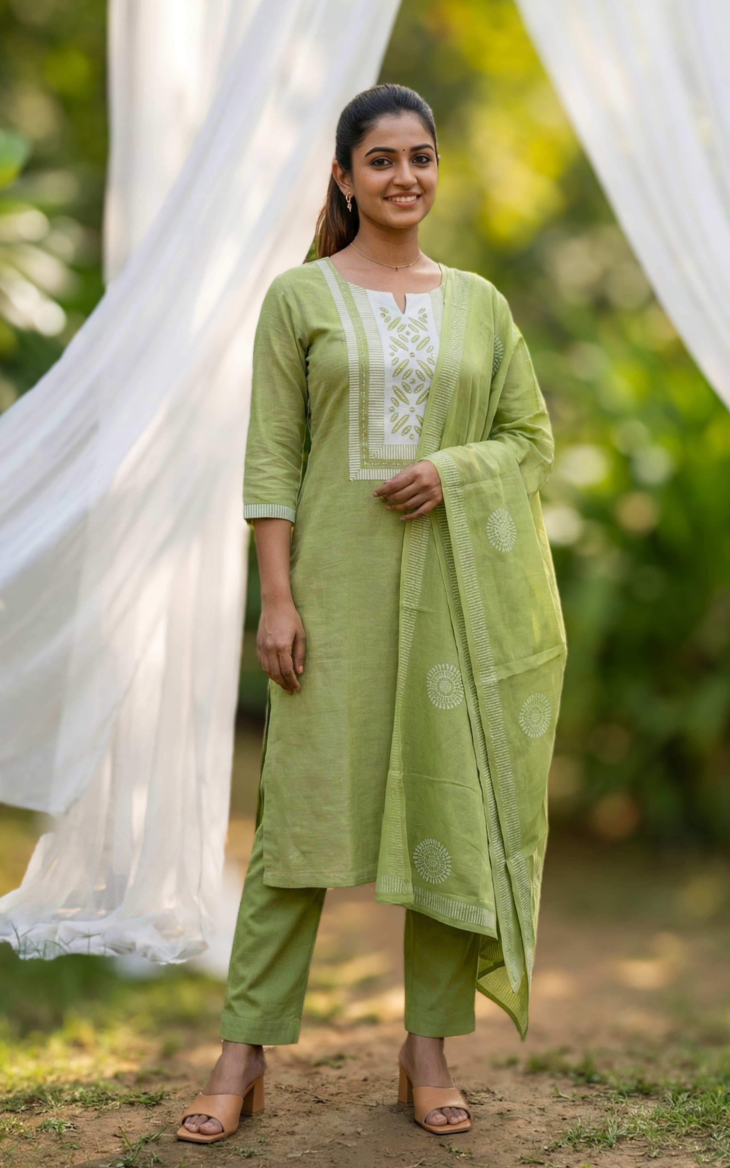 Casual wear pastel green south cotton kurti set for women