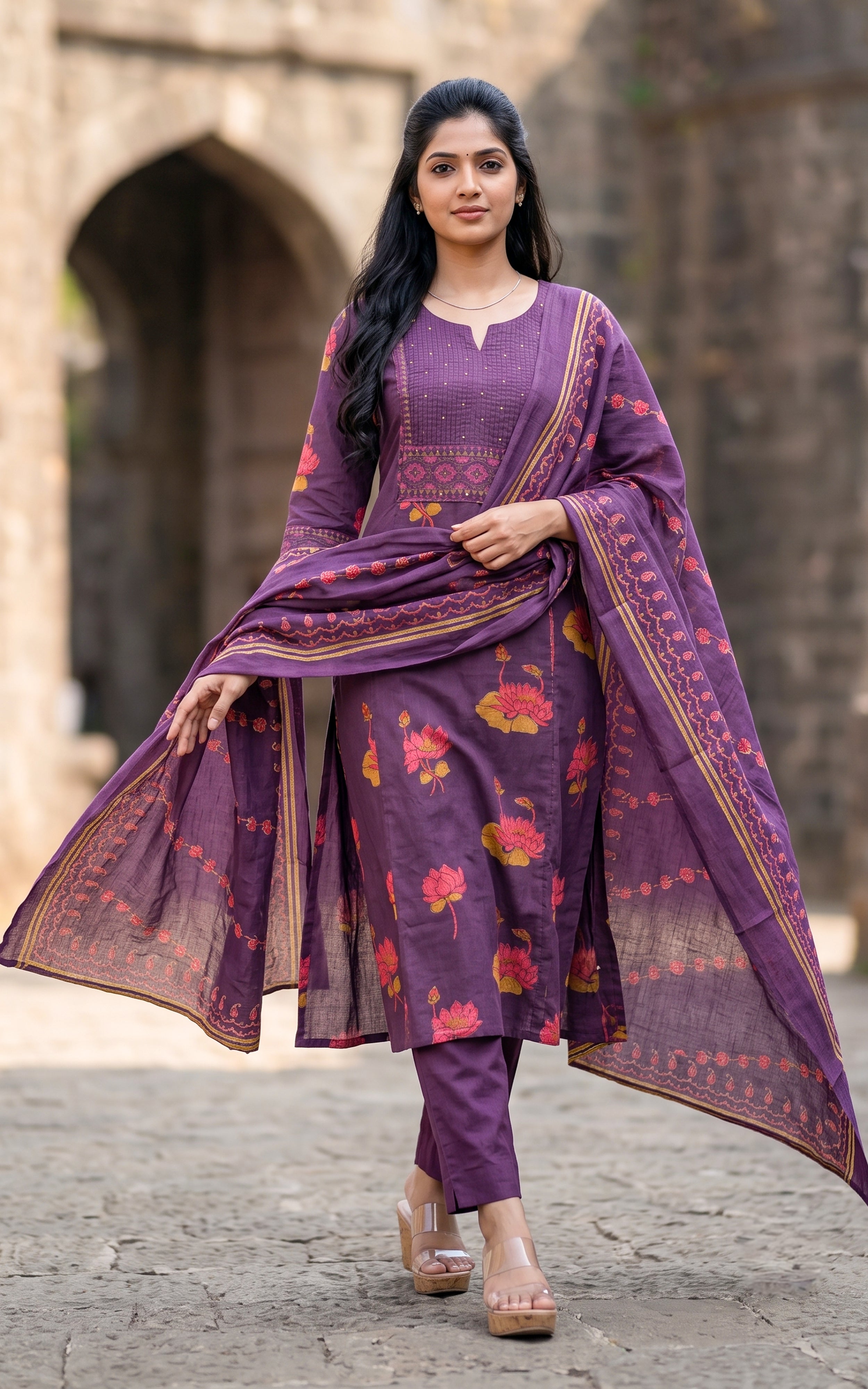 Purple Printed Cotton Kurti Set for Women