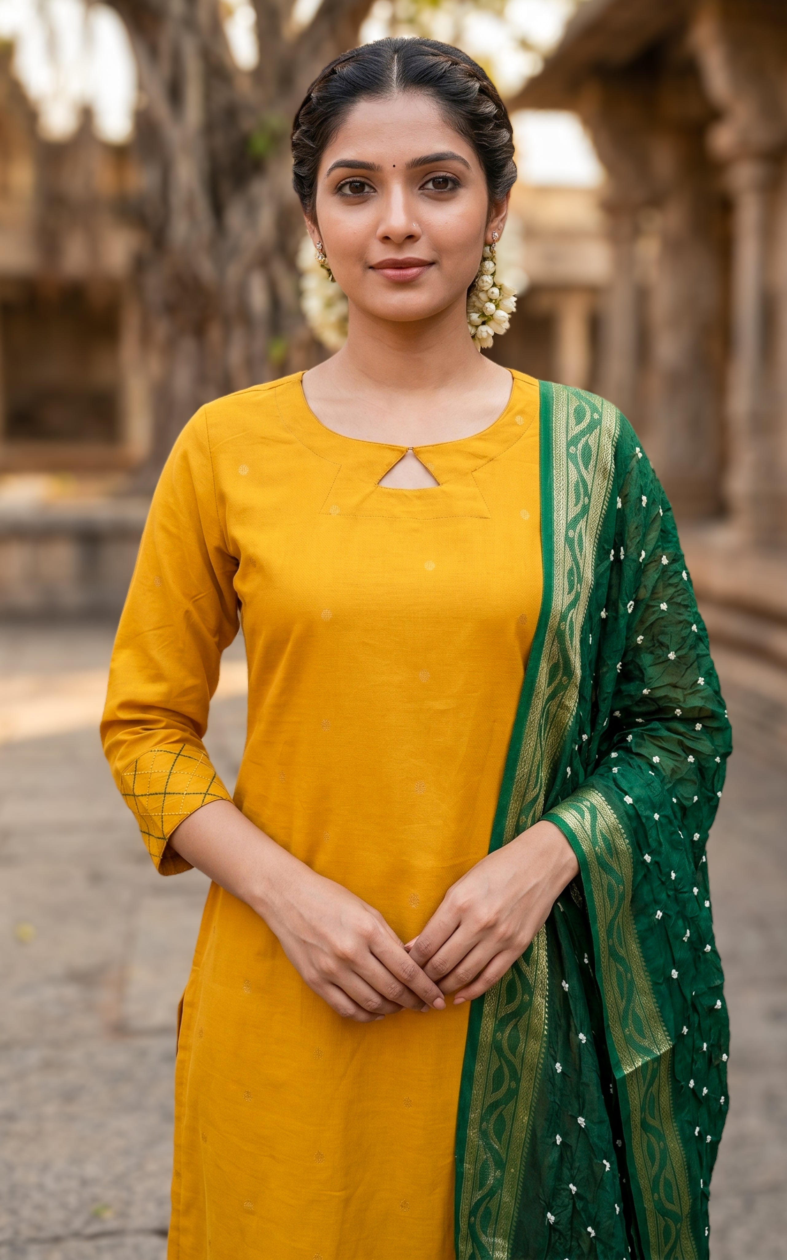 Instore – Mustard & Green Subiksha Straight Cut Kurti with Dupatta for Women – Cotton – Keyhole Neck – Festive Ethnic Wear