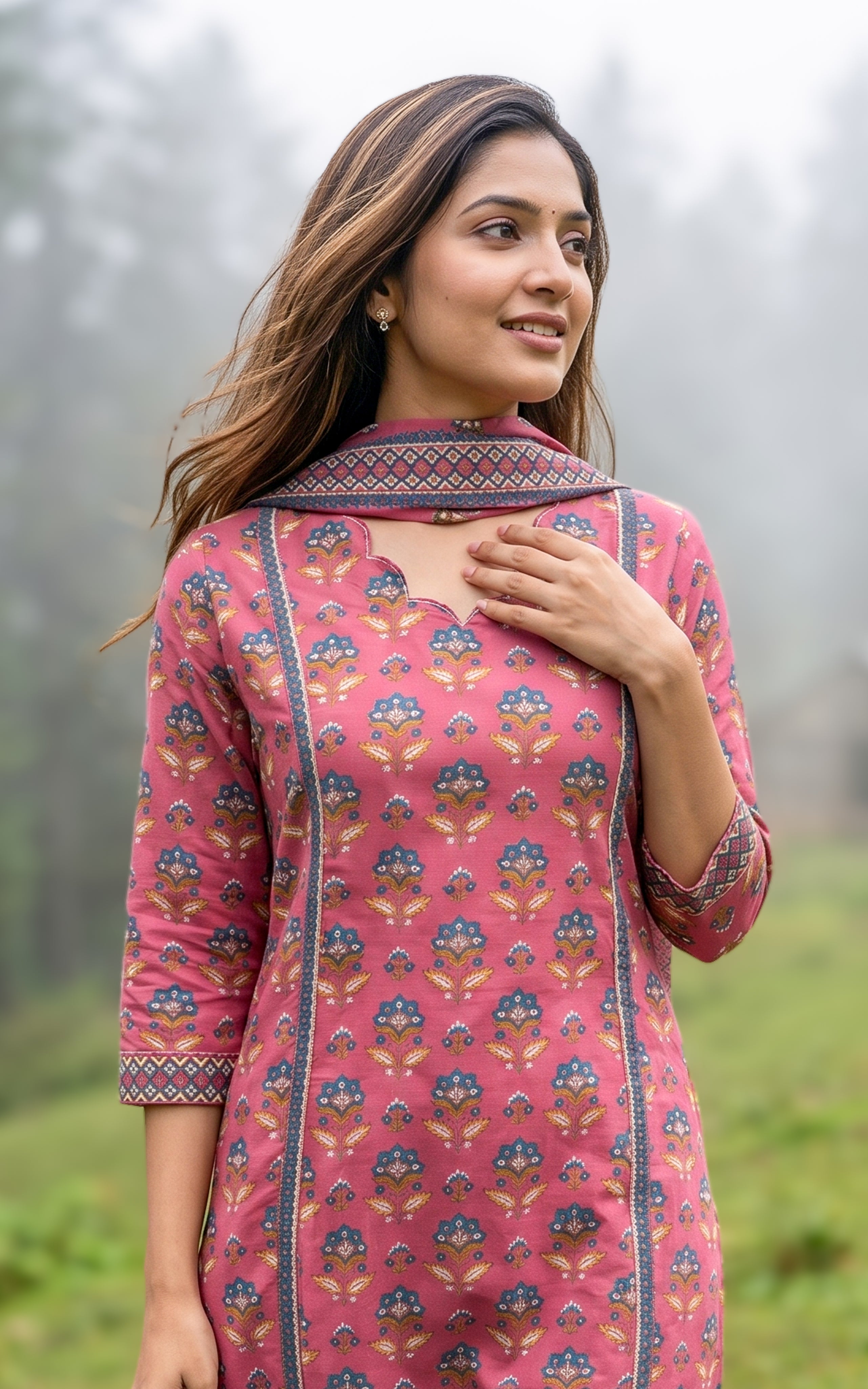 Printed cotton kurti with straight pant for women